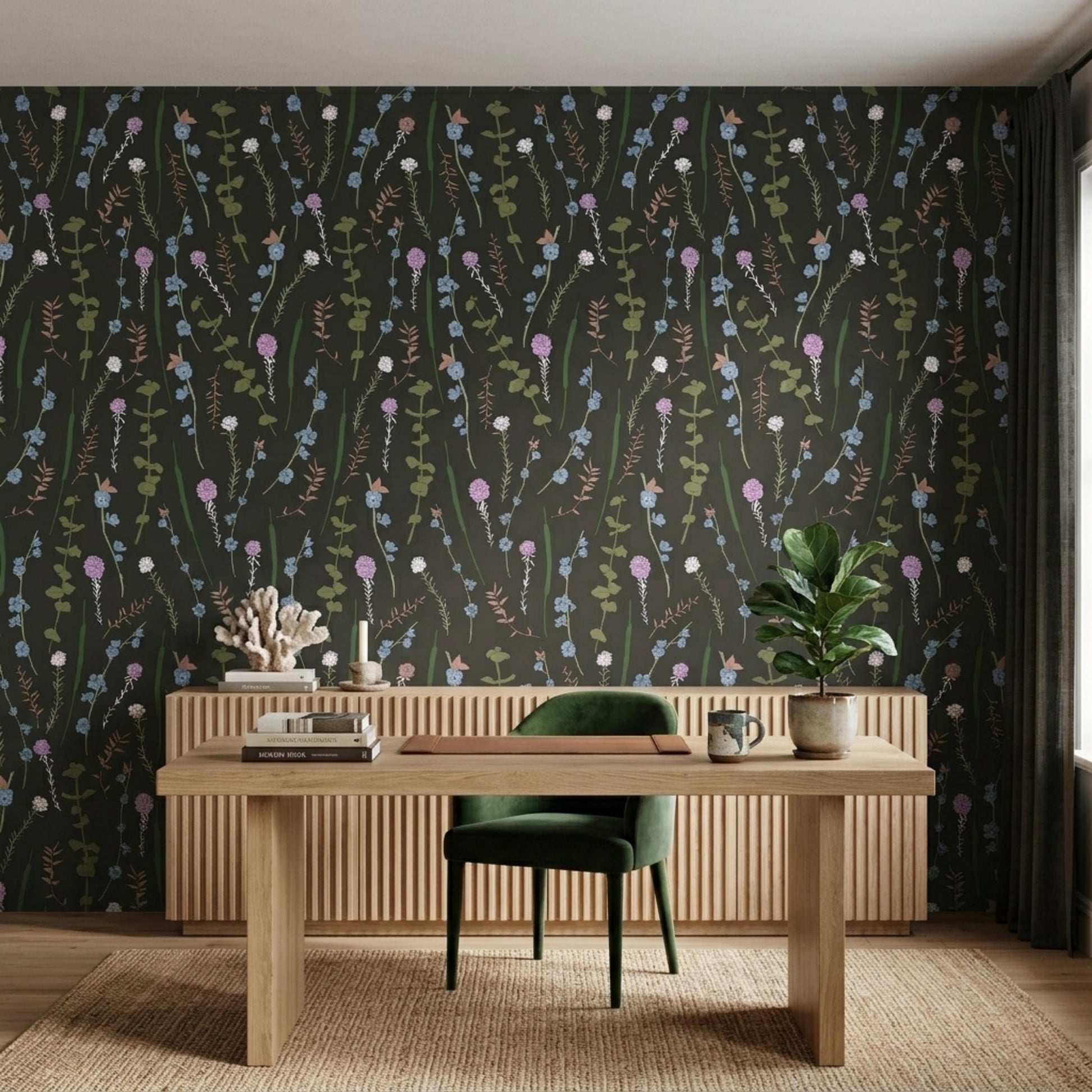 Dark Green Wildflower Wallpaper, Moody Cottagecore Botanical Wall Decor, Vintage Floral Mural-WP0073