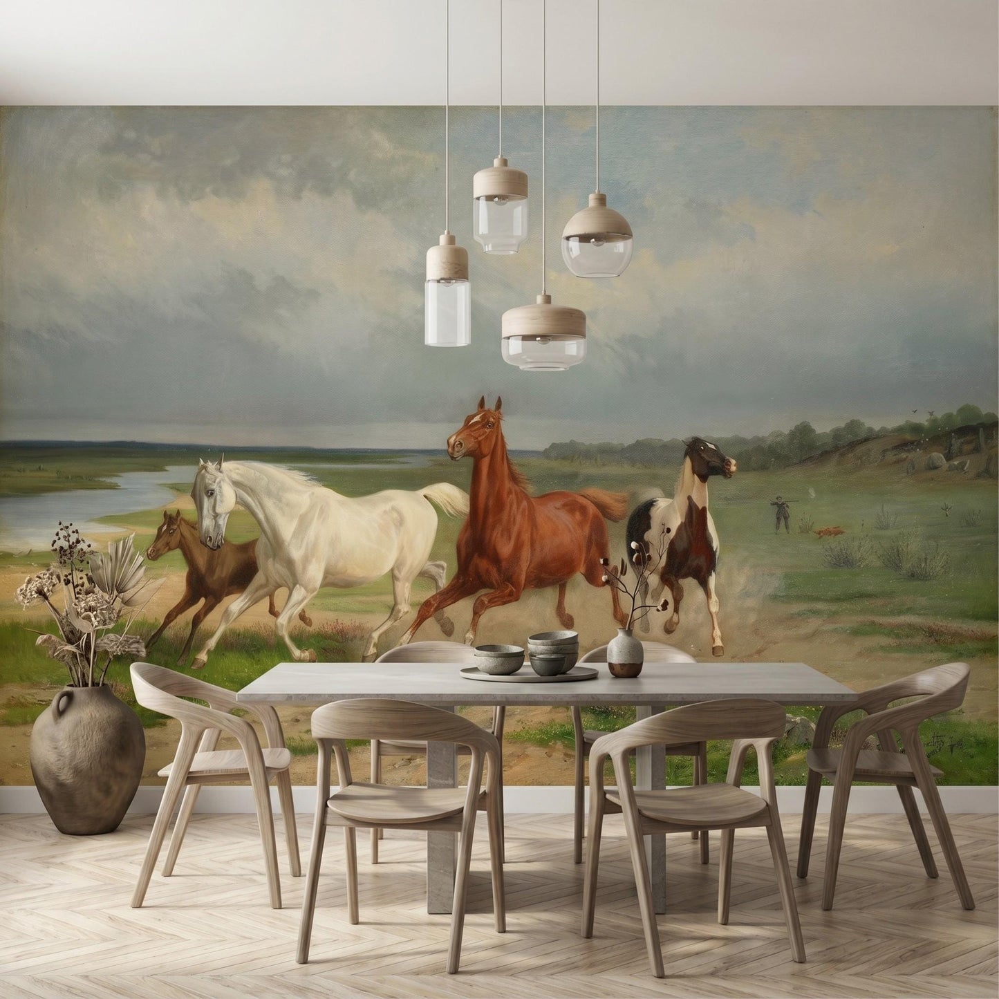 Earth Tone Vintage Oil Painting Horse Mural Wallpaper, Rustic Equestrian Landscape Wall Art, Moody Farmhouse Decor-WP0054