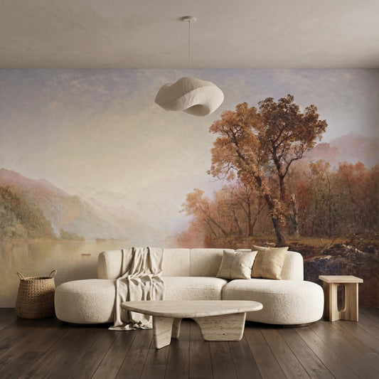 Warm Brown Landscape Wallpaper, Vintage Mountain Lake Wall Mural, Dark Academia Decor-WP0074