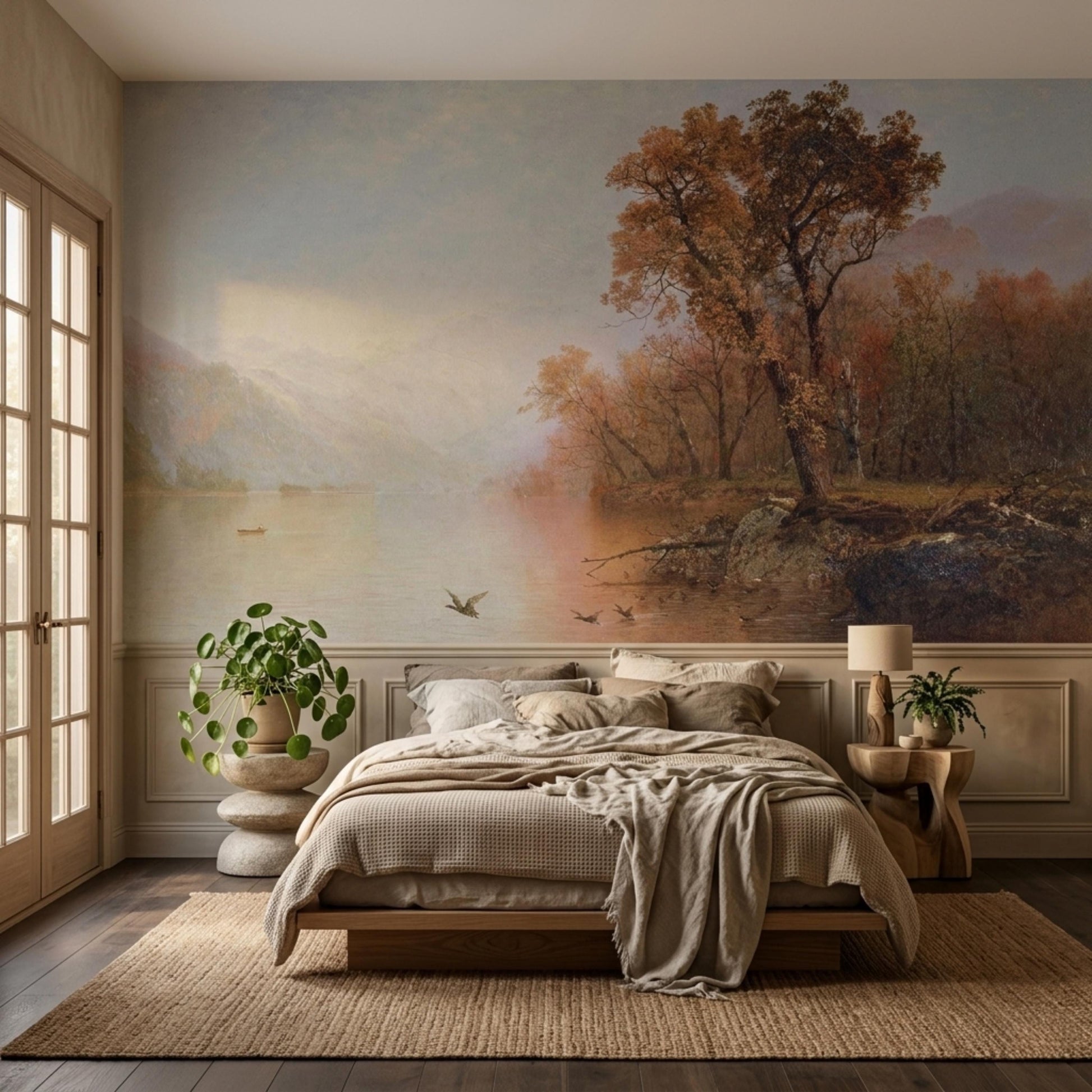 Warm Brown Landscape Wallpaper, Vintage Mountain Lake Wall Mural, Dark Academia Decor-WP0074