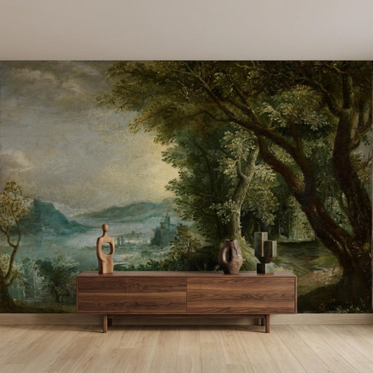 Dark Green Oil Painting Landscape Mural, Moody Forest Scene, Dark Academia Wall Decor-WP0075