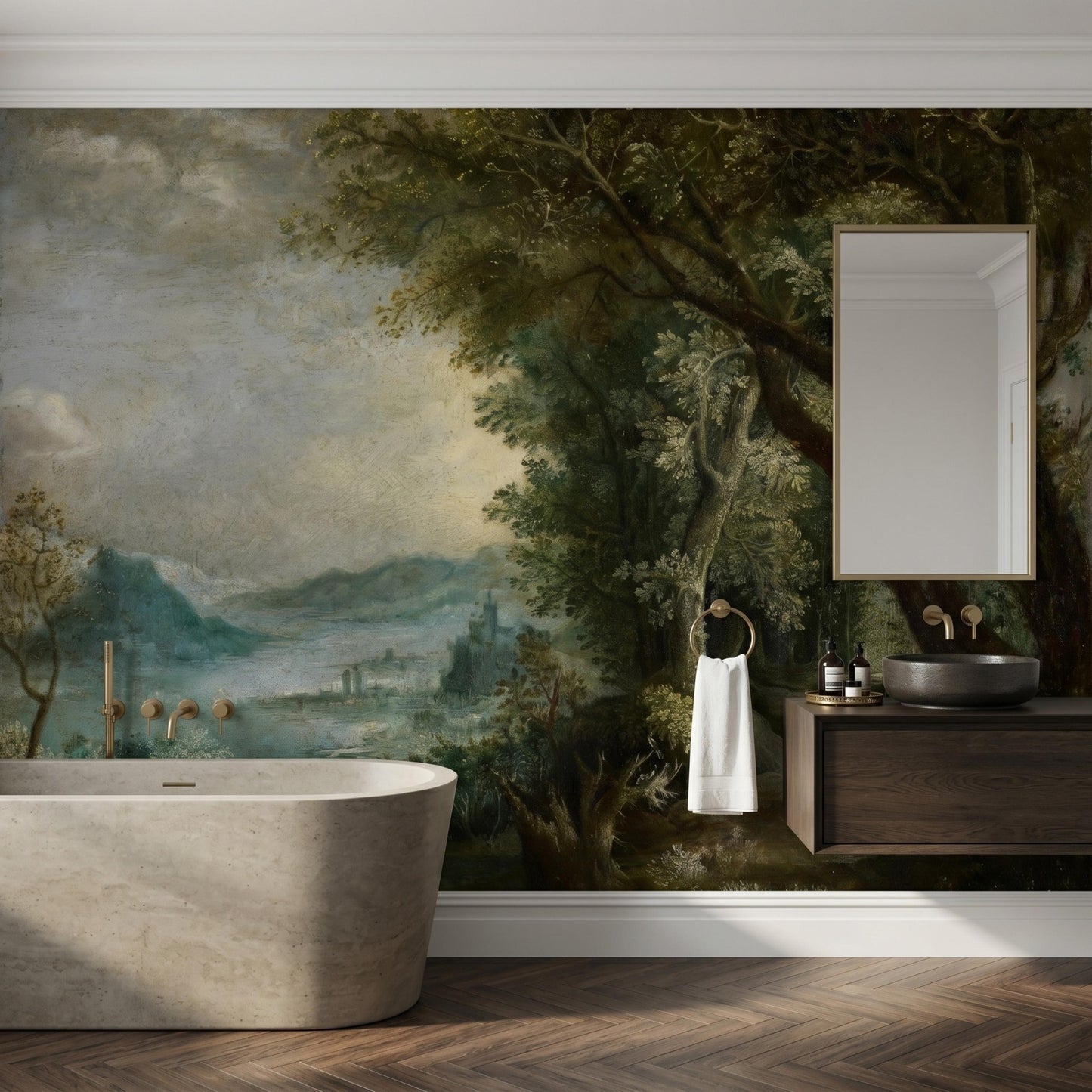 Dark Green Oil Painting Landscape Mural, Moody Forest Scene, Dark Academia Wall Decor-WP0075