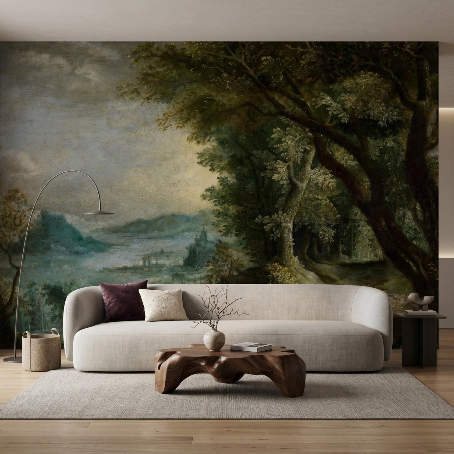 Dark Green Oil Painting Landscape Mural, Moody Forest Scene, Dark Academia Wall Decor-WP0075