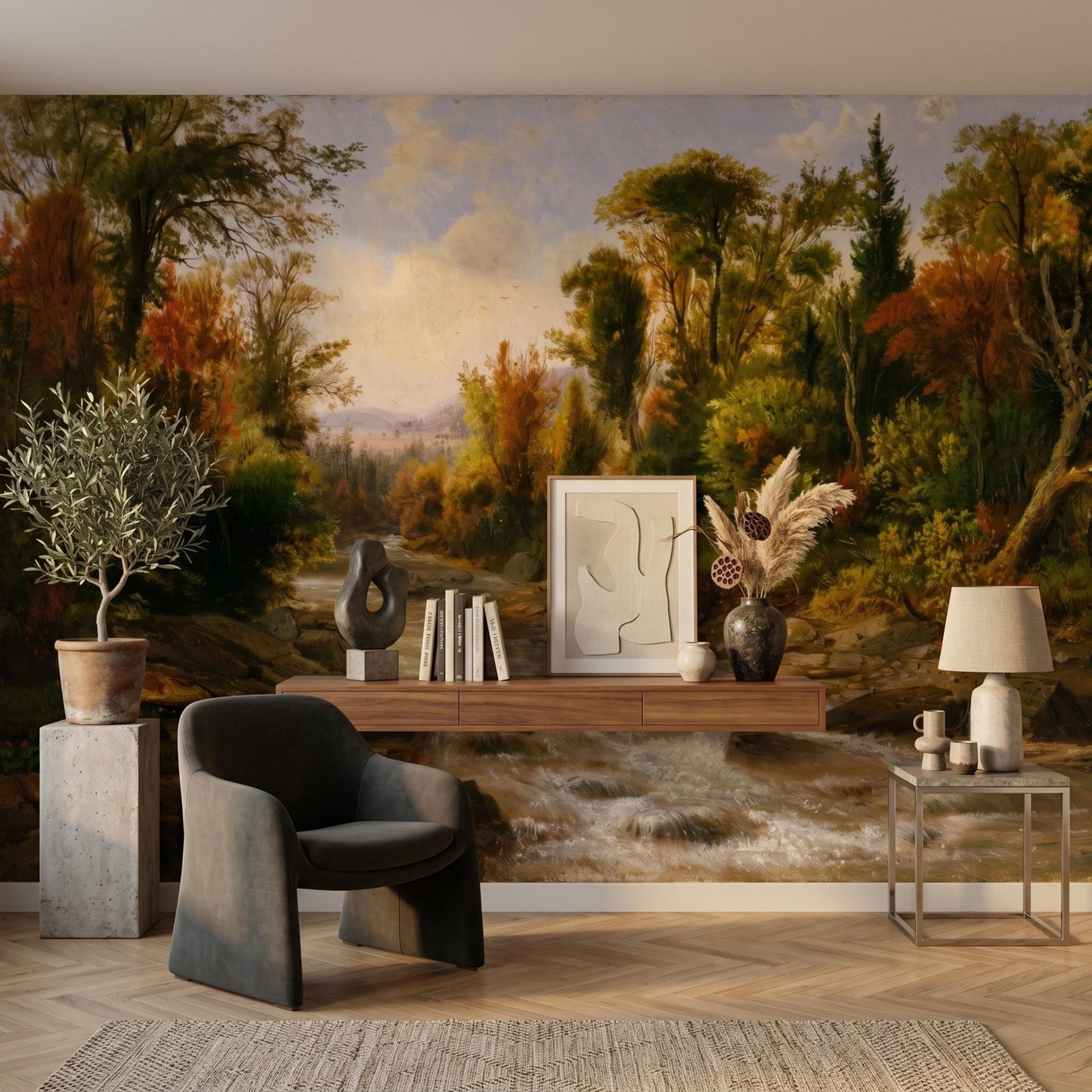 Oil Painting Landscape Mural, Autumn Earth Tones, Classical River Scene Wallpaper-WP0076