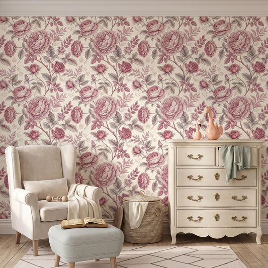 Mauve Pink Vintage Shabby Chic Floral Rose Wallpaper, Romantic Nursery Wall Decor, Elegant Cottagecore Bedroom Accent-WP0055