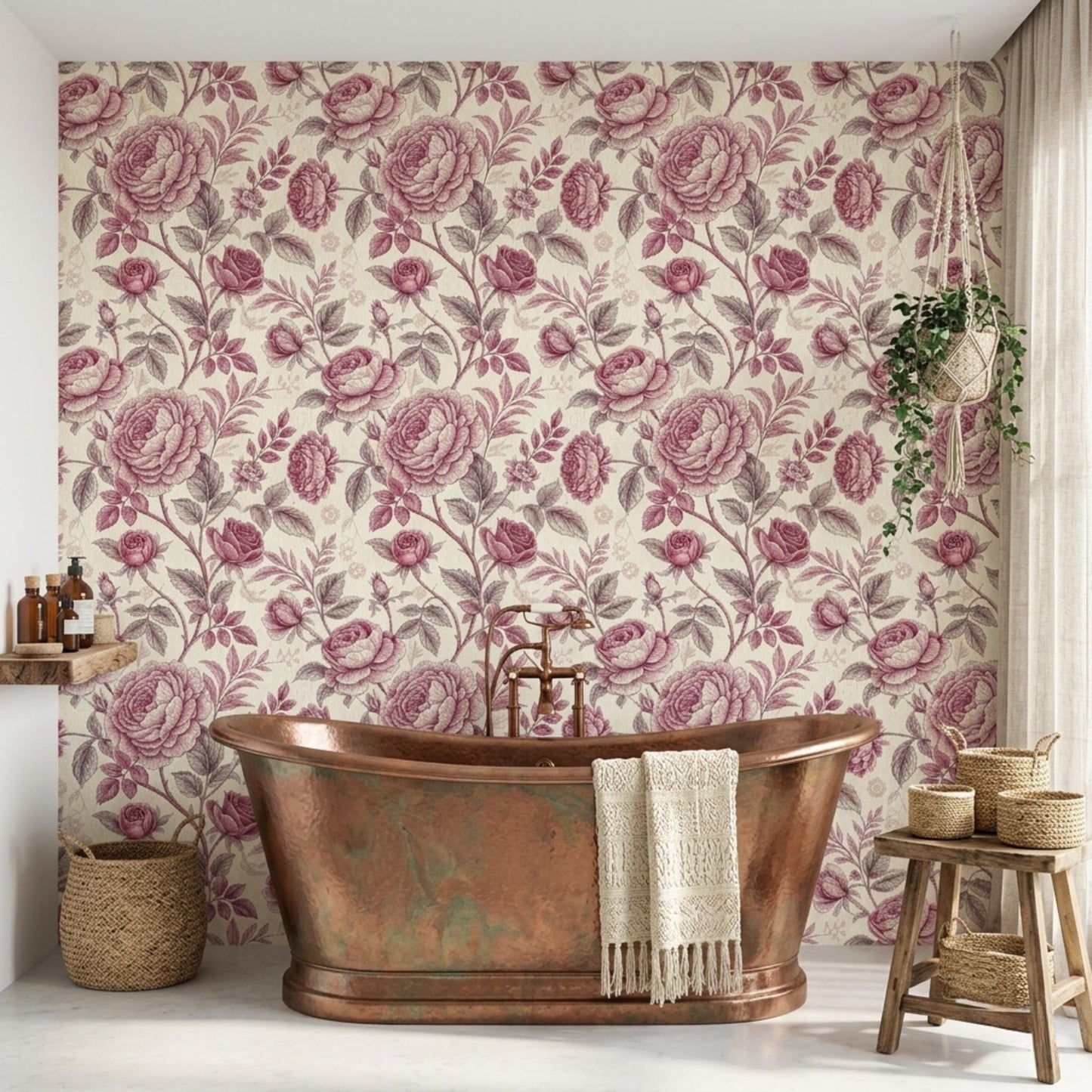 Mauve Pink Vintage Shabby Chic Floral Rose Wallpaper, Romantic Nursery Wall Decor, Elegant Cottagecore Bedroom Accent-WP0055