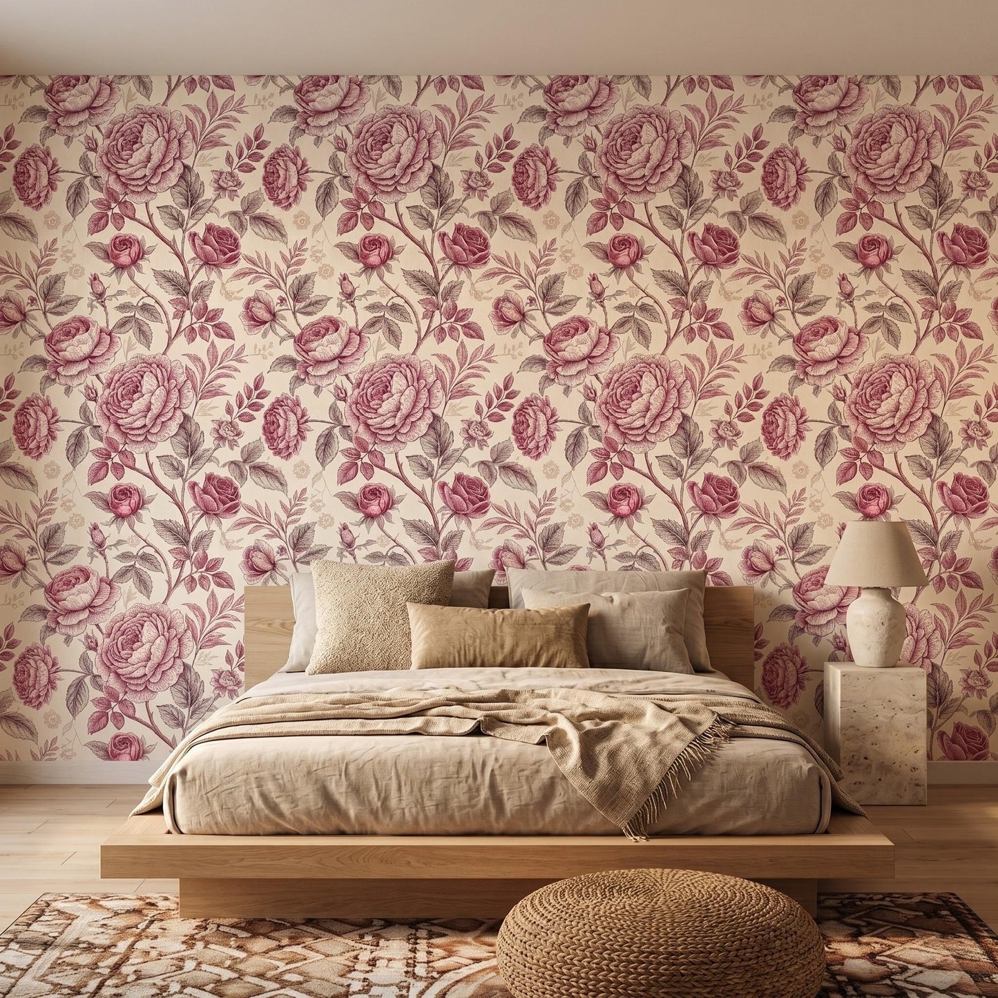 Mauve Pink Vintage Shabby Chic Floral Rose Wallpaper, Romantic Nursery Wall Decor, Elegant Cottagecore Bedroom Accent-WP0055