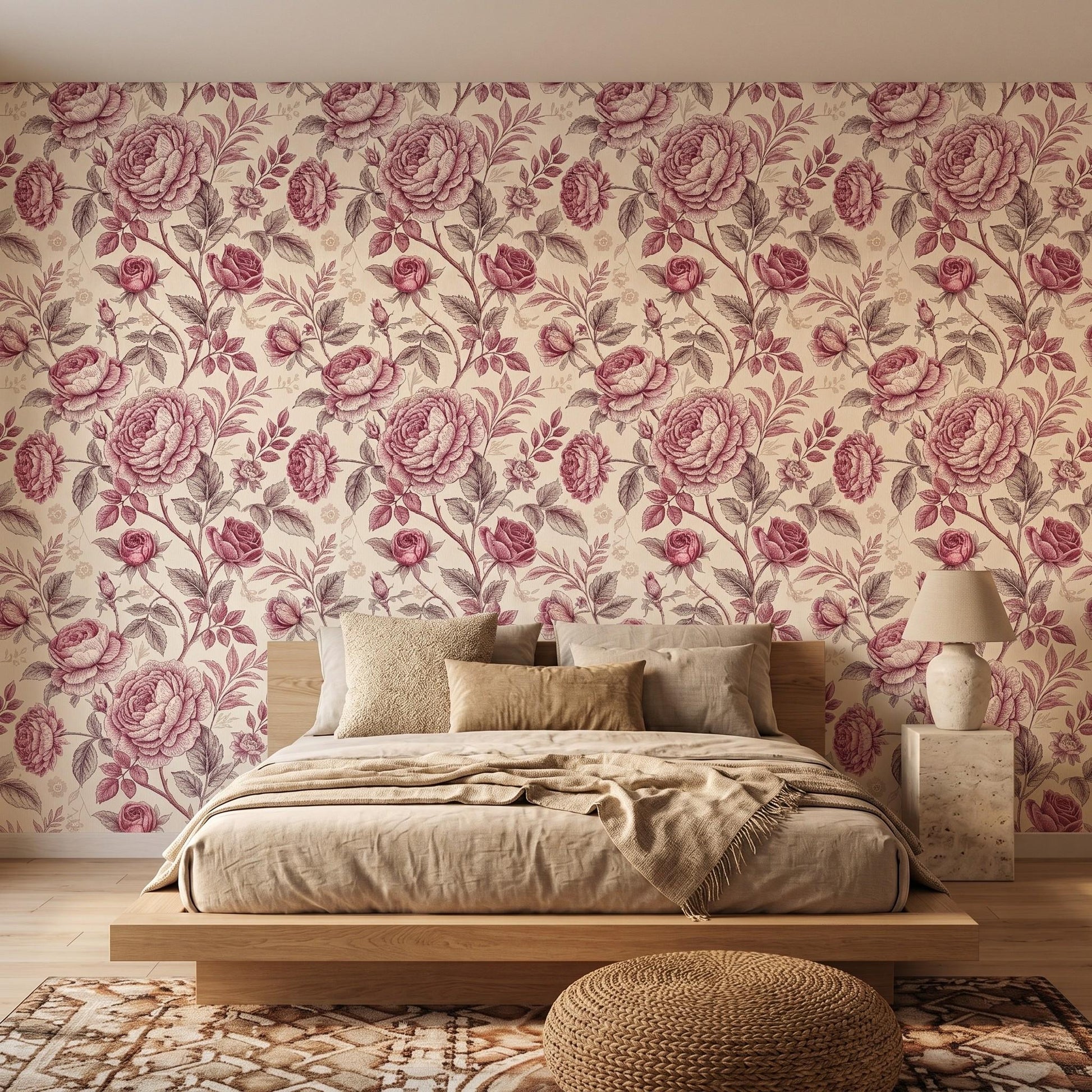 Mauve Pink Vintage Shabby Chic Floral Rose Wallpaper, Romantic Nursery Wall Decor, Elegant Cottagecore Bedroom Accent-WP0055