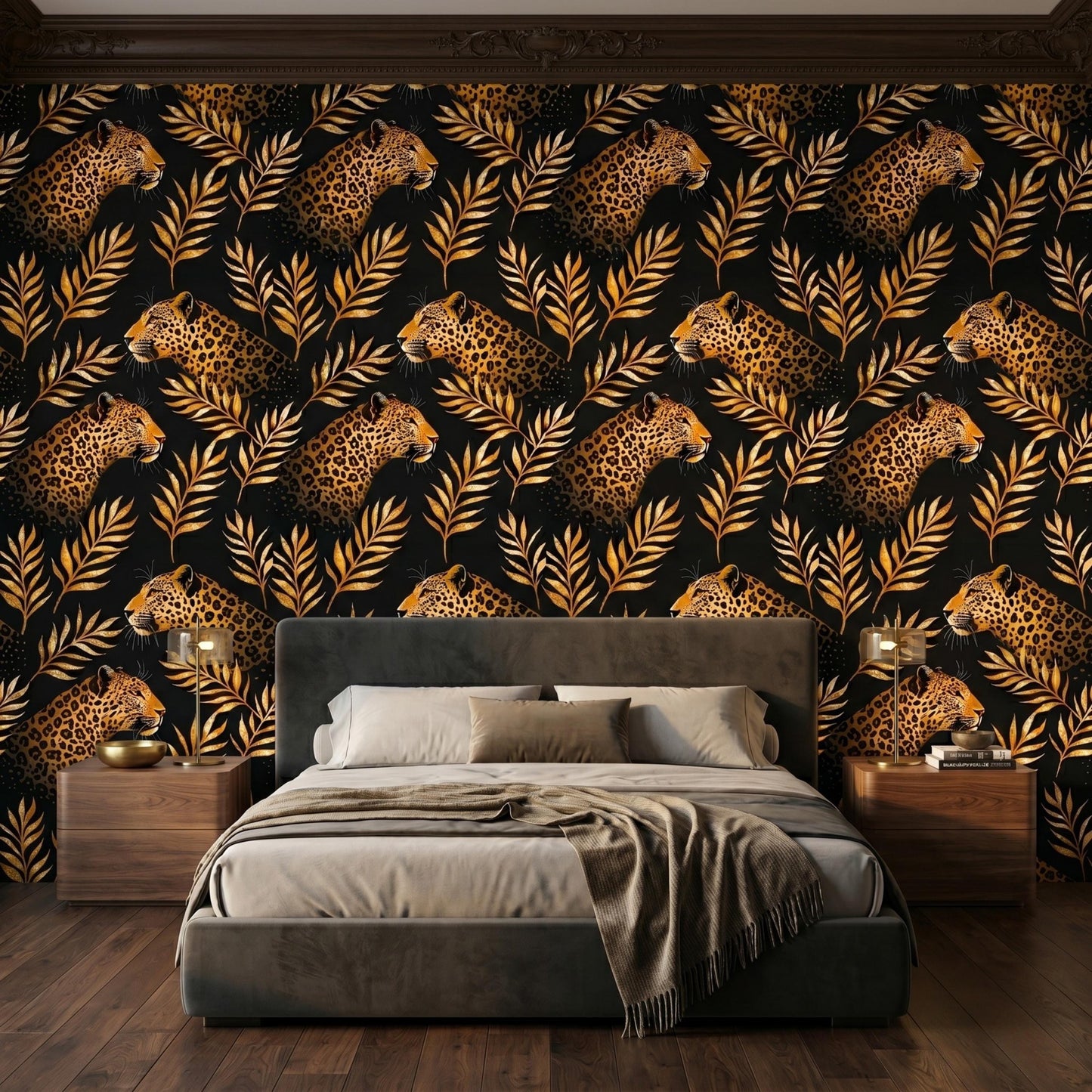 Black and Gold Maximalist Jungle Leopard Print Wallpaper, Safari Nursery Decor, Tropical Palm Leaf Wall Art-WP0077