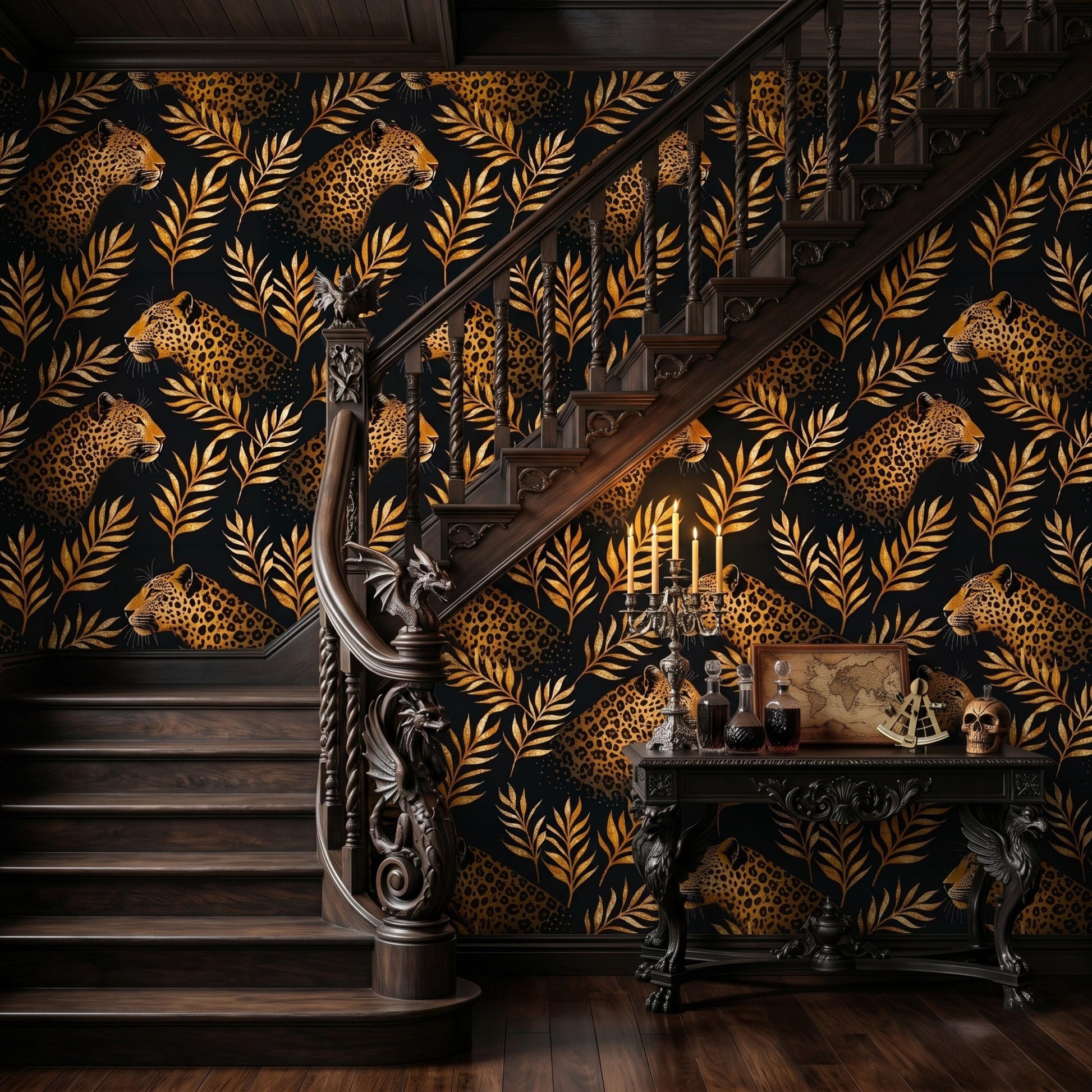 Black and Gold Maximalist Jungle Leopard Print Wallpaper, Safari Nursery Decor, Tropical Palm Leaf Wall Art-WP0077
