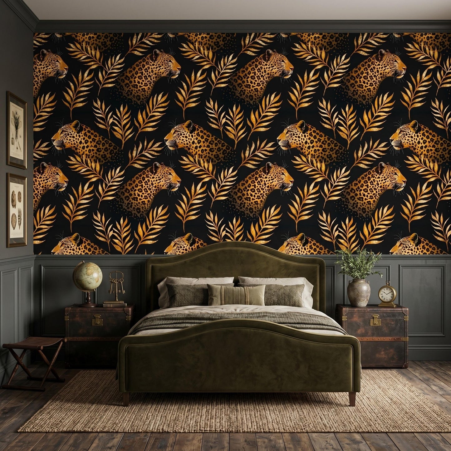 Black and Gold Maximalist Jungle Leopard Print Wallpaper, Safari Nursery Decor, Tropical Palm Leaf Wall Art-WP0077