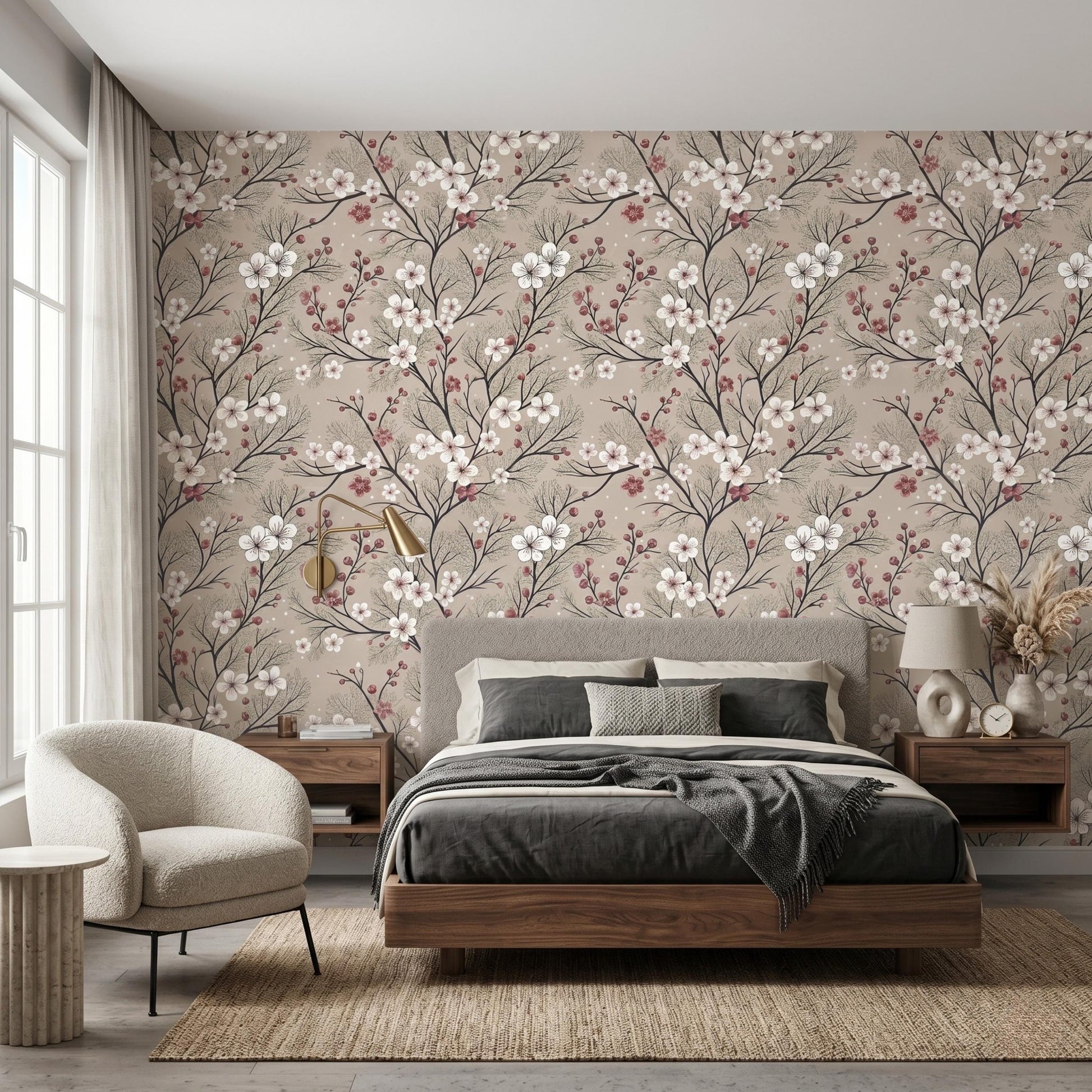 Beige Vintage Floral Cherry Blossom Wallpaper, Romantic Cottagecore Wall Decor, Victorian Botanical Peel and Stick Wall Coveringt-WP0078