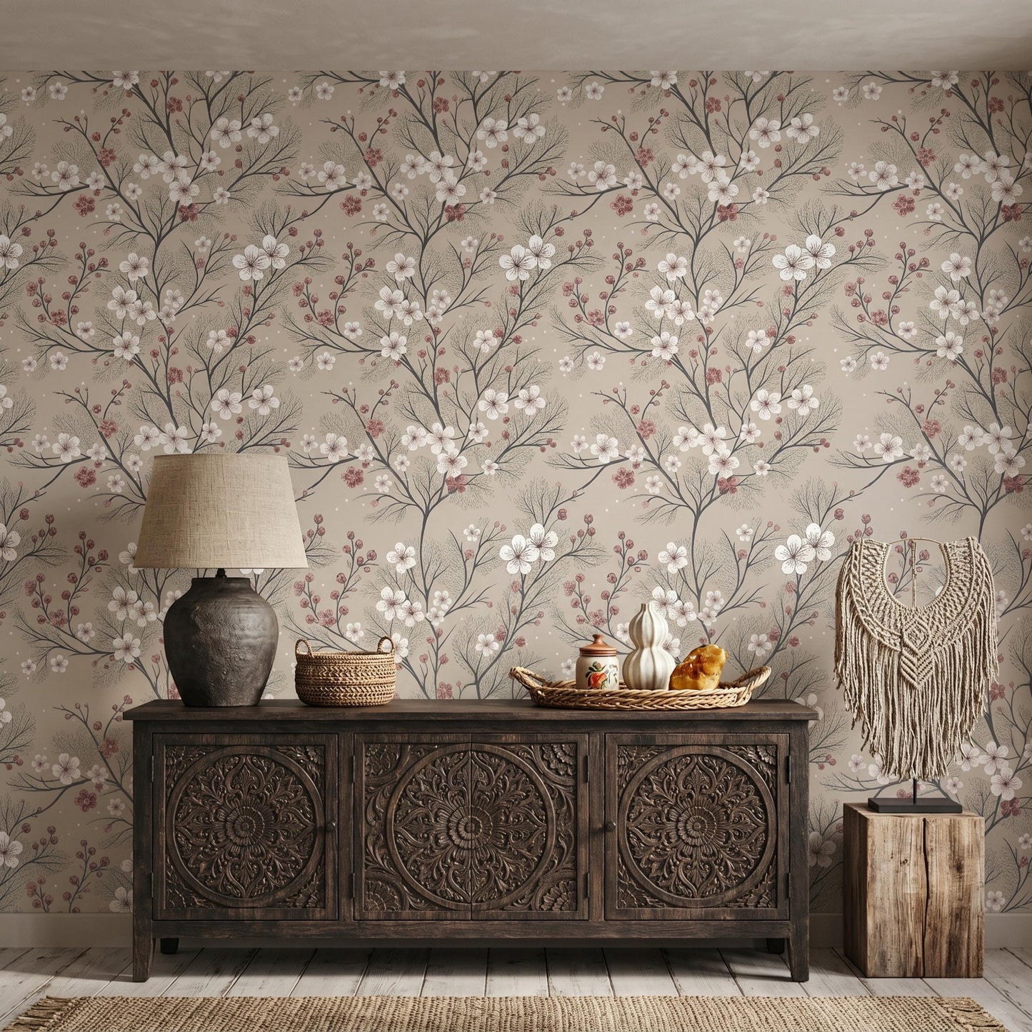 Beige Vintage Floral Cherry Blossom Wallpaper, Romantic Cottagecore Wall Decor, Victorian Botanical Peel and Stick Wall Coveringt-WP0078
