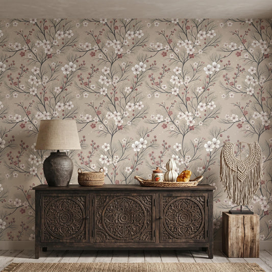 Beige Vintage Floral Cherry Blossom Wallpaper, Romantic Cottagecore Wall Decor, Victorian Botanical Peel and Stick Wall Coveringt-WP0078