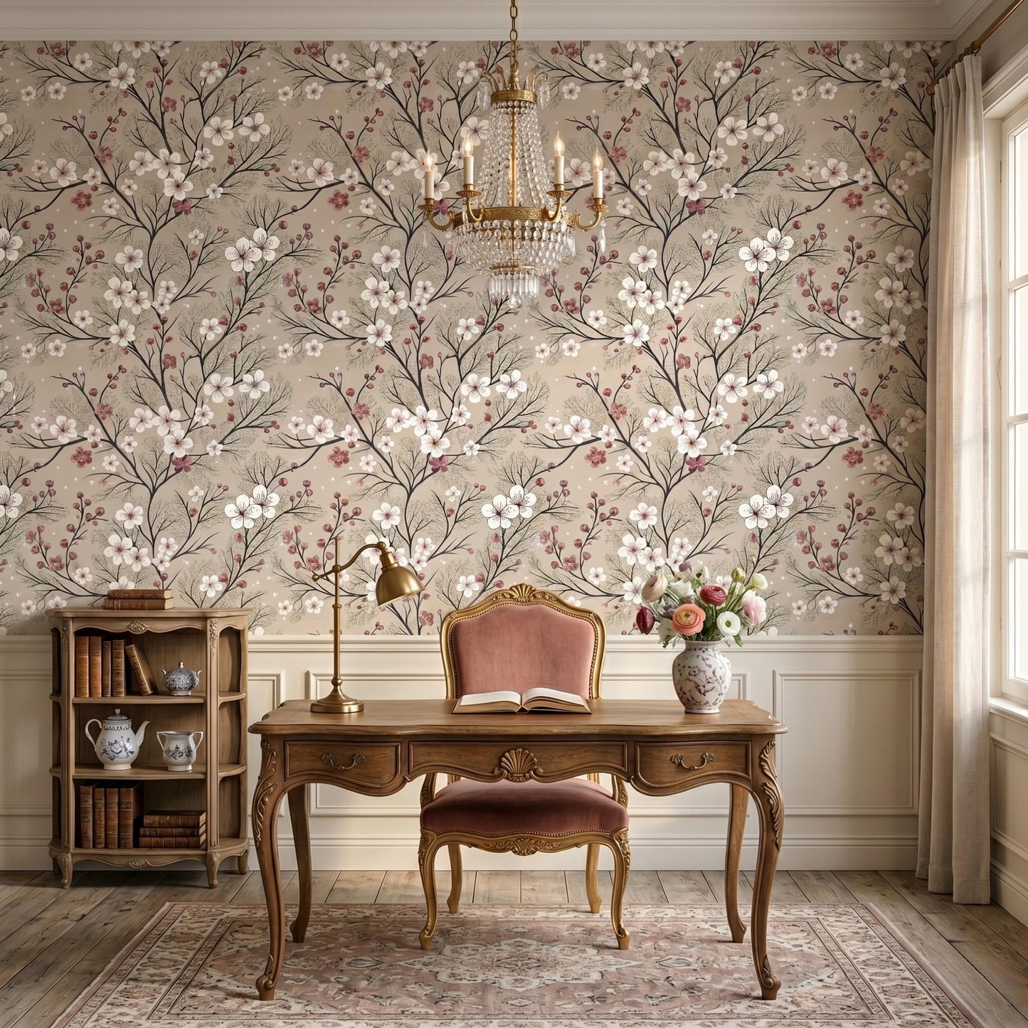 Beige Vintage Floral Cherry Blossom Wallpaper, Romantic Cottagecore Wall Decor, Victorian Botanical Peel and Stick Wall Coveringt-WP0078