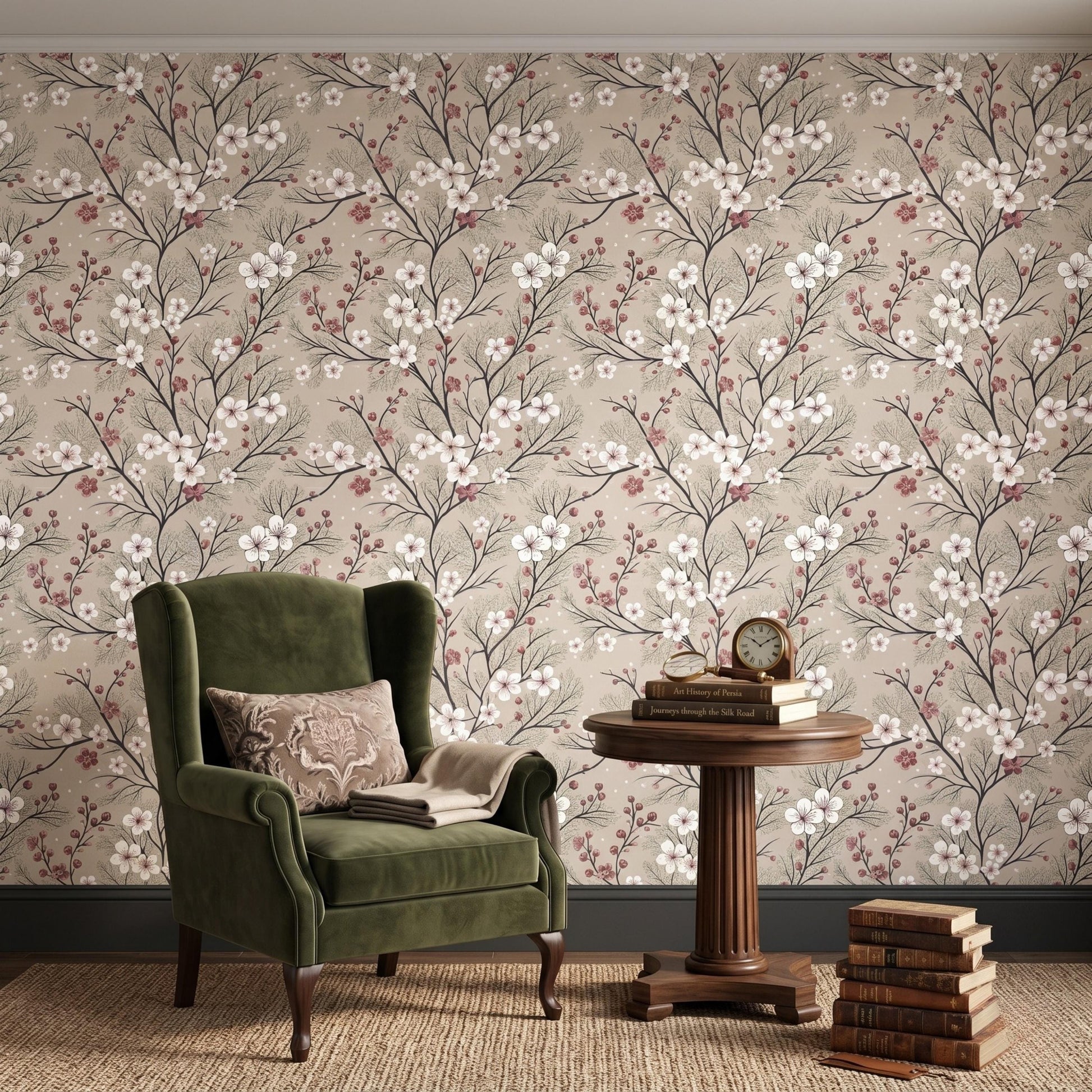 Beige Vintage Floral Cherry Blossom Wallpaper, Romantic Cottagecore Wall Decor, Victorian Botanical Peel and Stick Wall Coveringt-WP0078