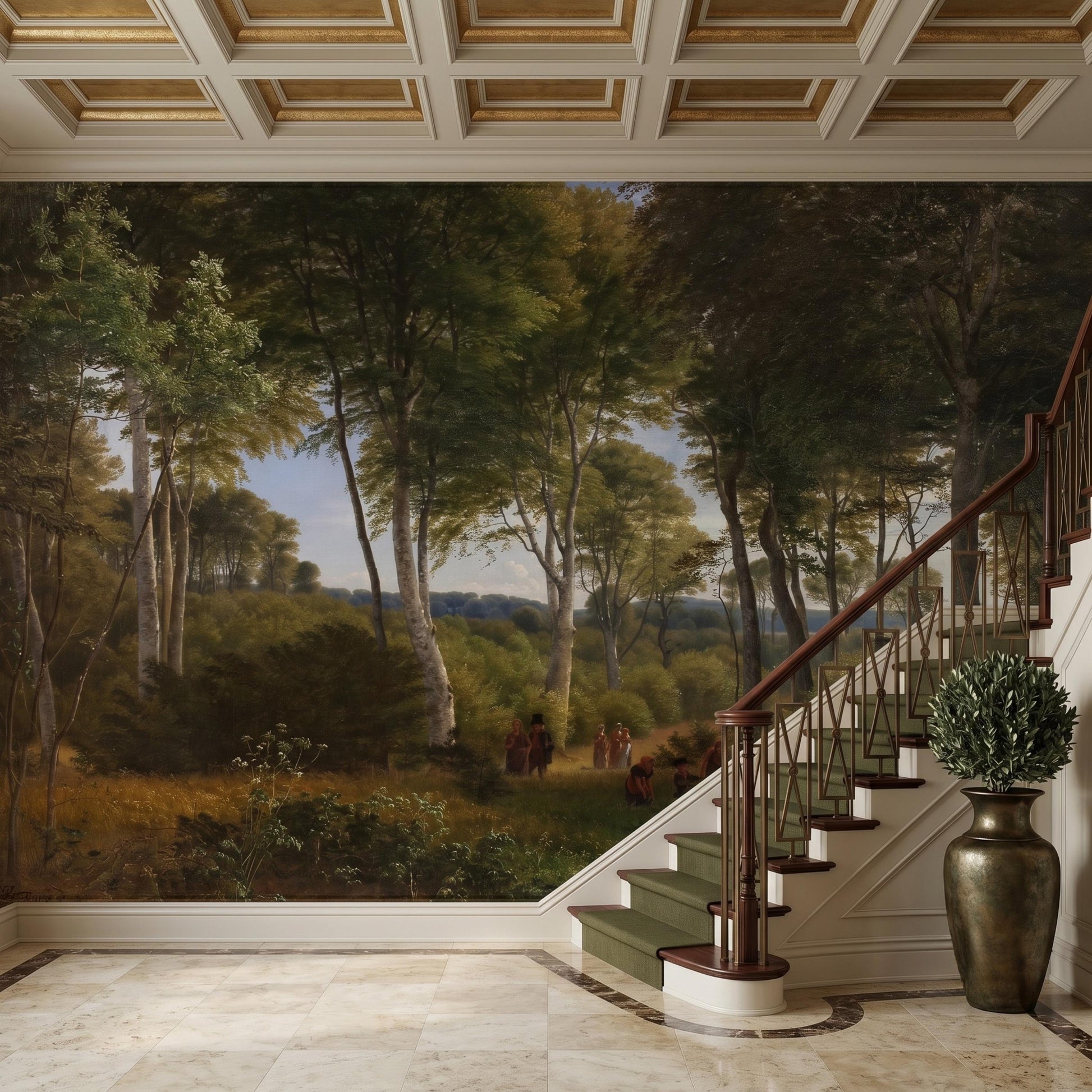 Dark Green Forest Wallpaper, Vintage Landscape Wall Mural, Moody Nature Decor-WP0079