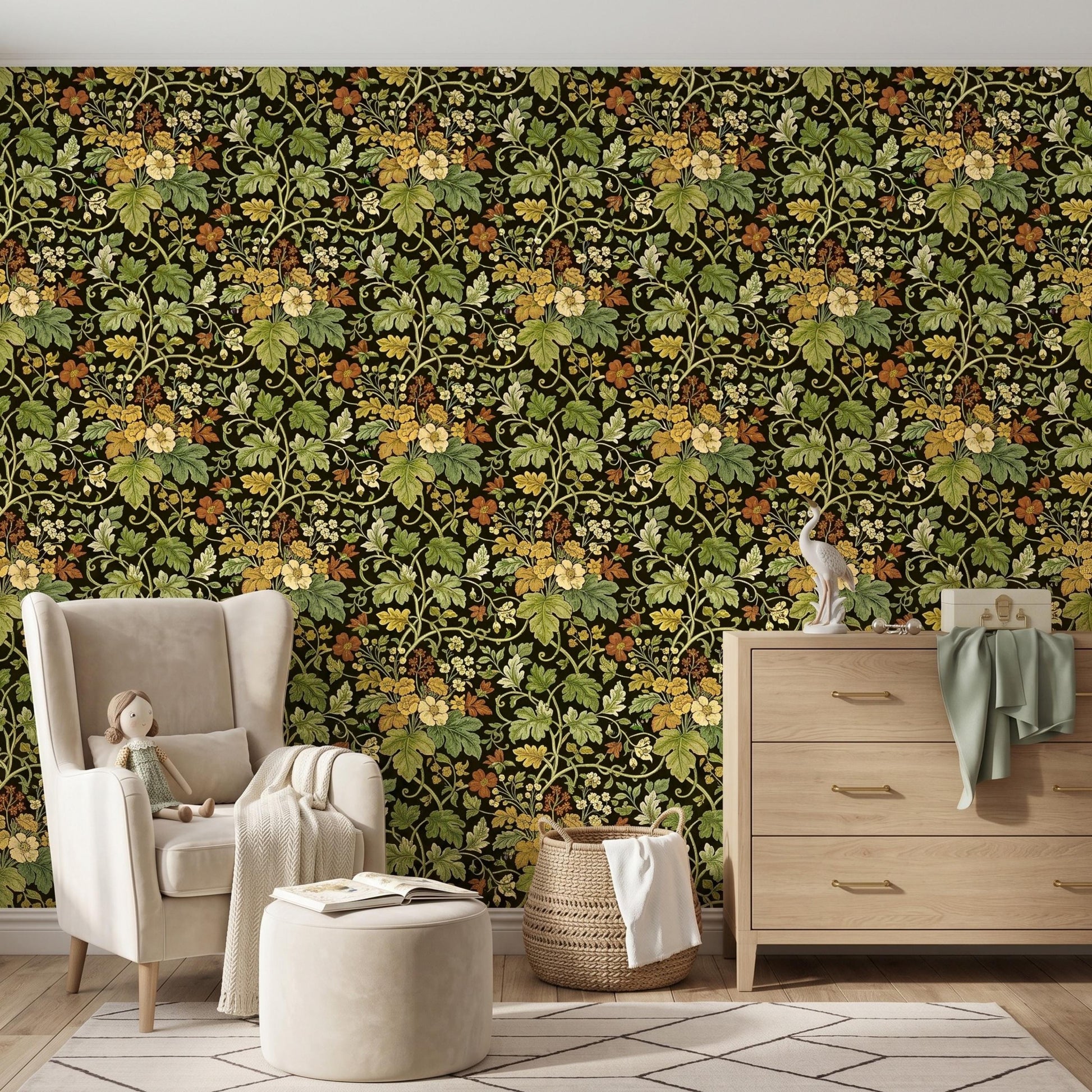 Dark Green William Morris Style Floral Wallpaper, Vintage Botanical Wall Decor, Maximalist Cottagecore Art, Moody Art Nouveau Pattern-WP0080