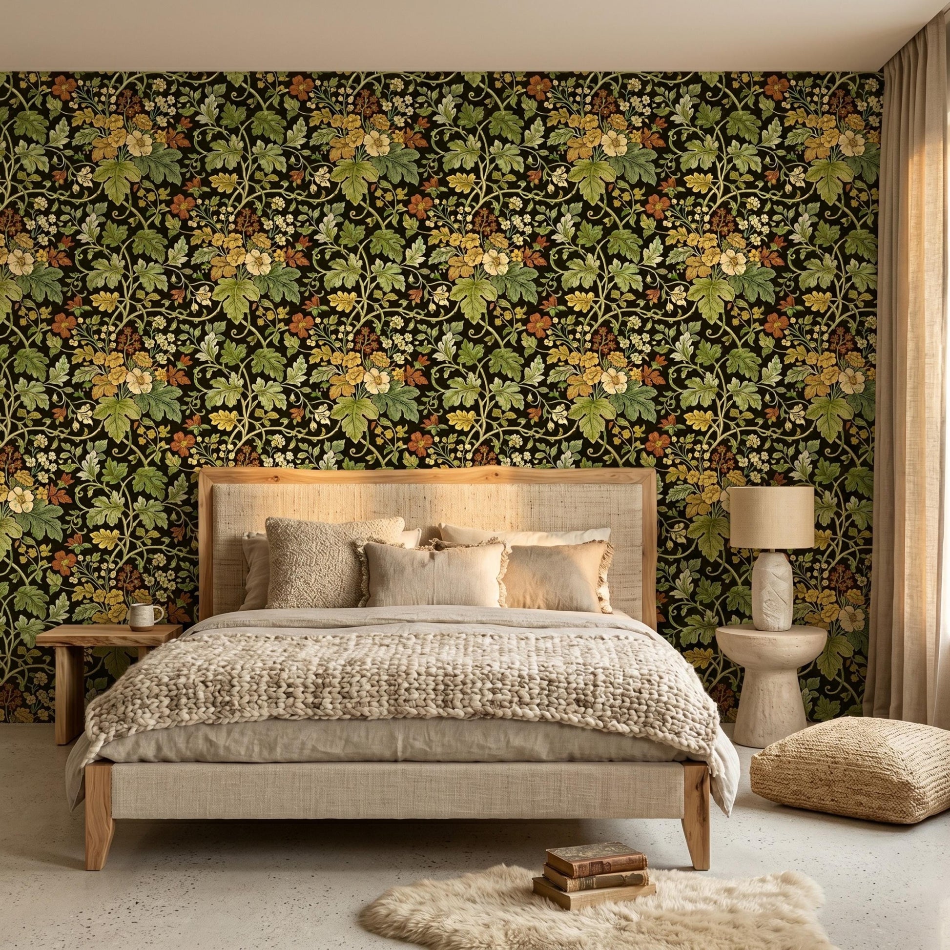 Dark Green William Morris Style Floral Wallpaper, Vintage Botanical Wall Decor, Maximalist Cottagecore Art, Moody Art Nouveau Pattern-WP0080