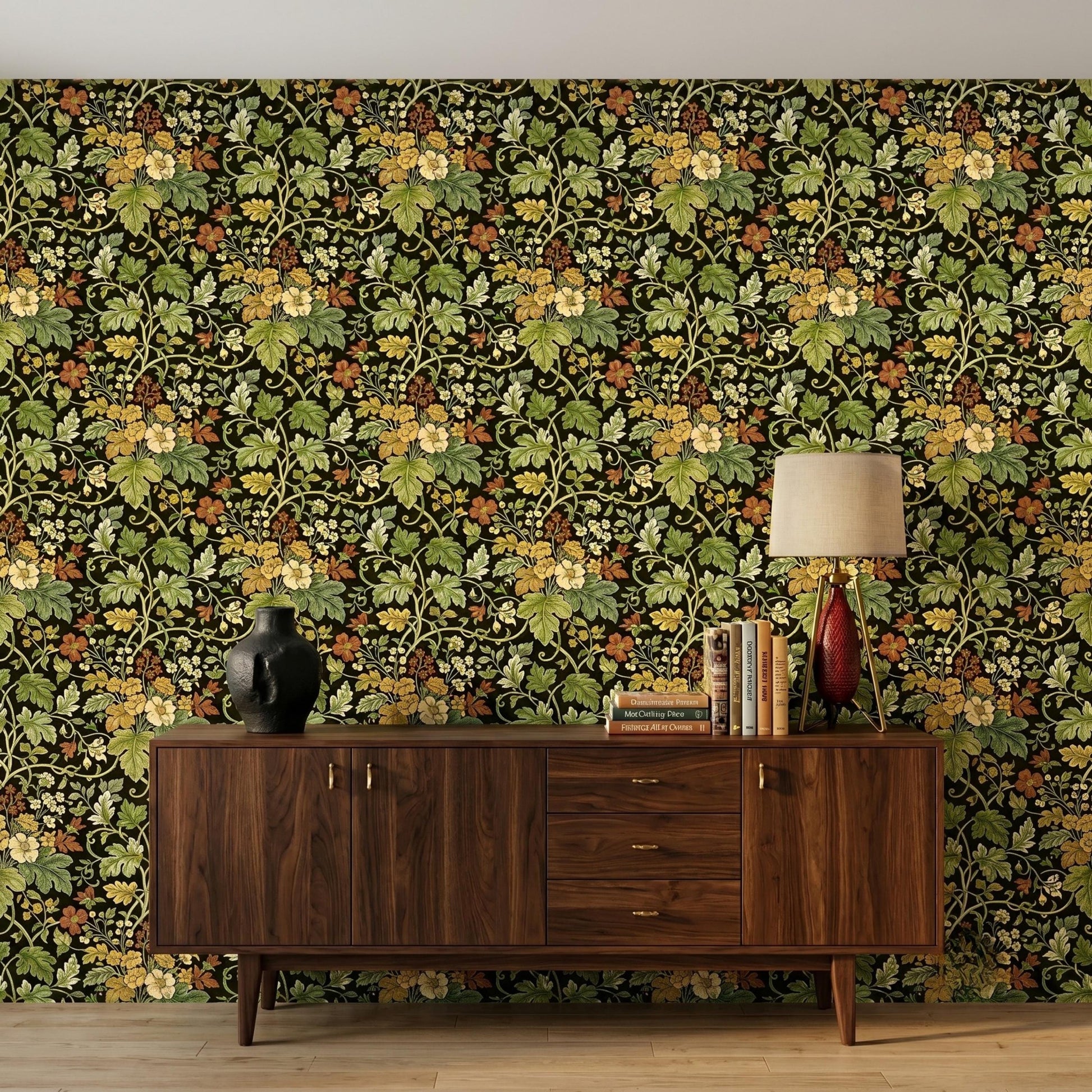 Dark Green William Morris Style Floral Wallpaper, Vintage Botanical Wall Decor, Maximalist Cottagecore Art, Moody Art Nouveau Pattern-WP0080