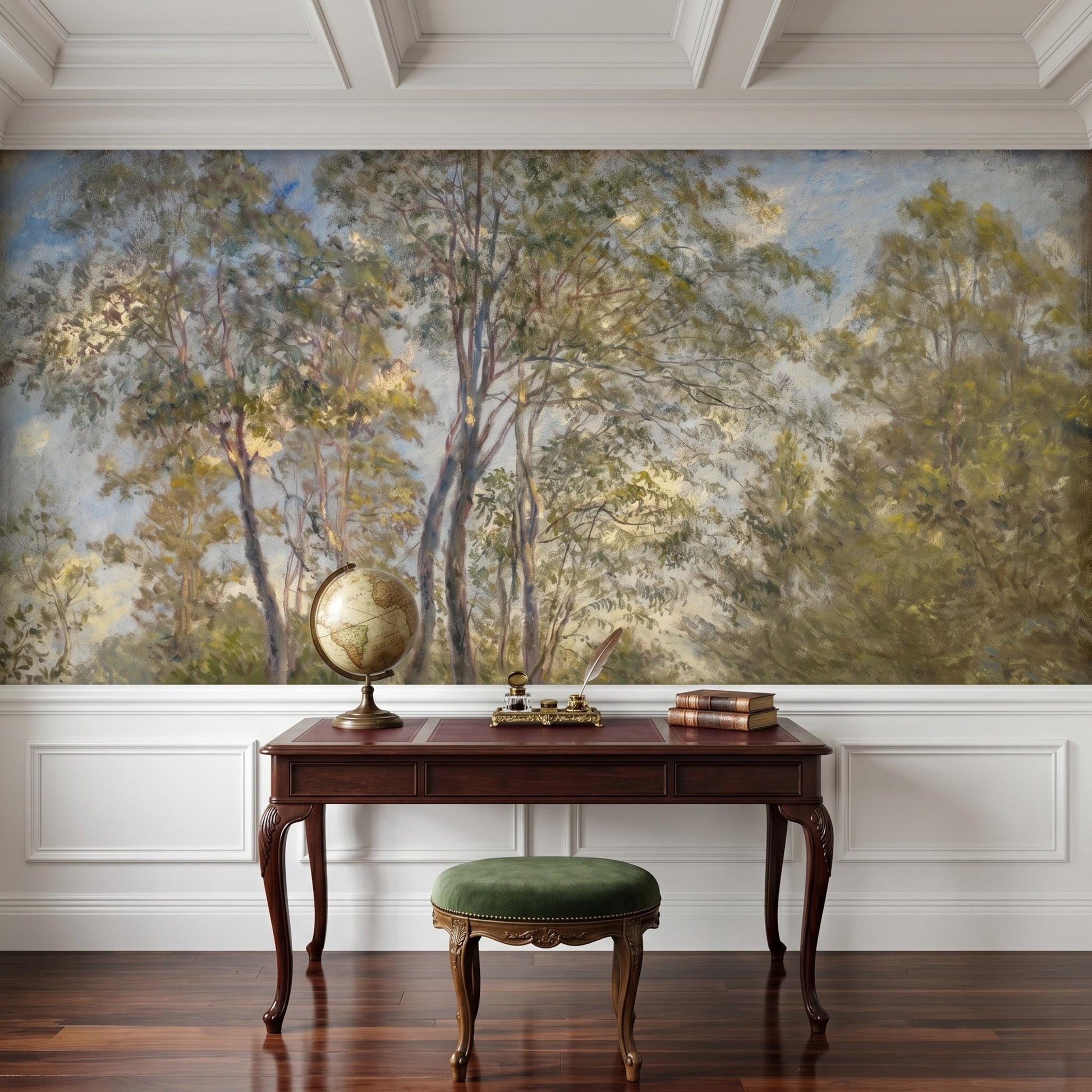 Sage Green Forest Wallpaper Mural, Impressionist Landscape Wall Art, Vintage Nature Decor, Moody Woodland Accent Wall-WP0056