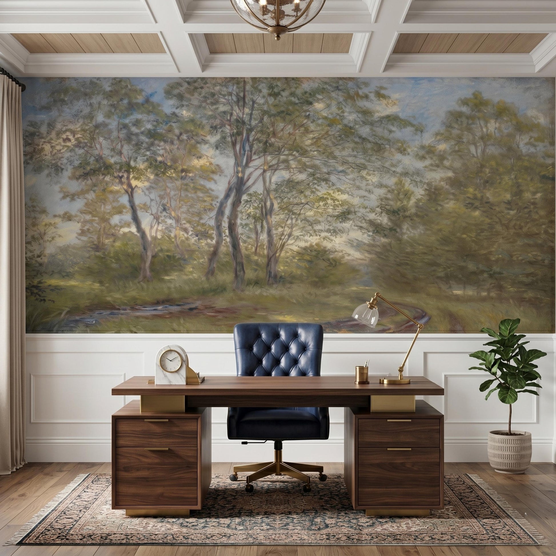 Sage Green Forest Wallpaper Mural, Impressionist Landscape Wall Art, Vintage Nature Decor, Moody Woodland Accent Wall-WP0056