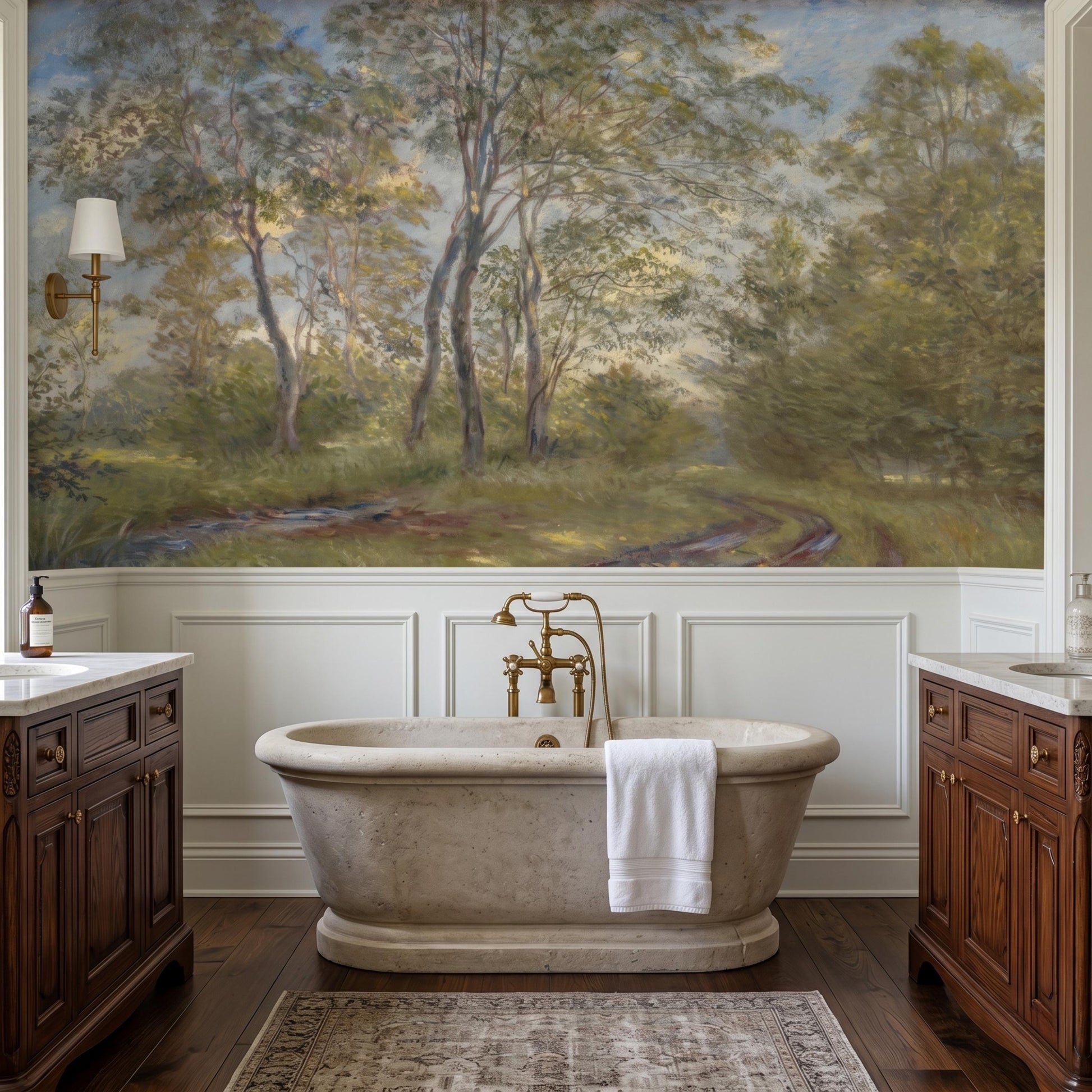 Sage Green Forest Wallpaper Mural, Impressionist Landscape Wall Art, Vintage Nature Decor, Moody Woodland Accent Wall-WP0056