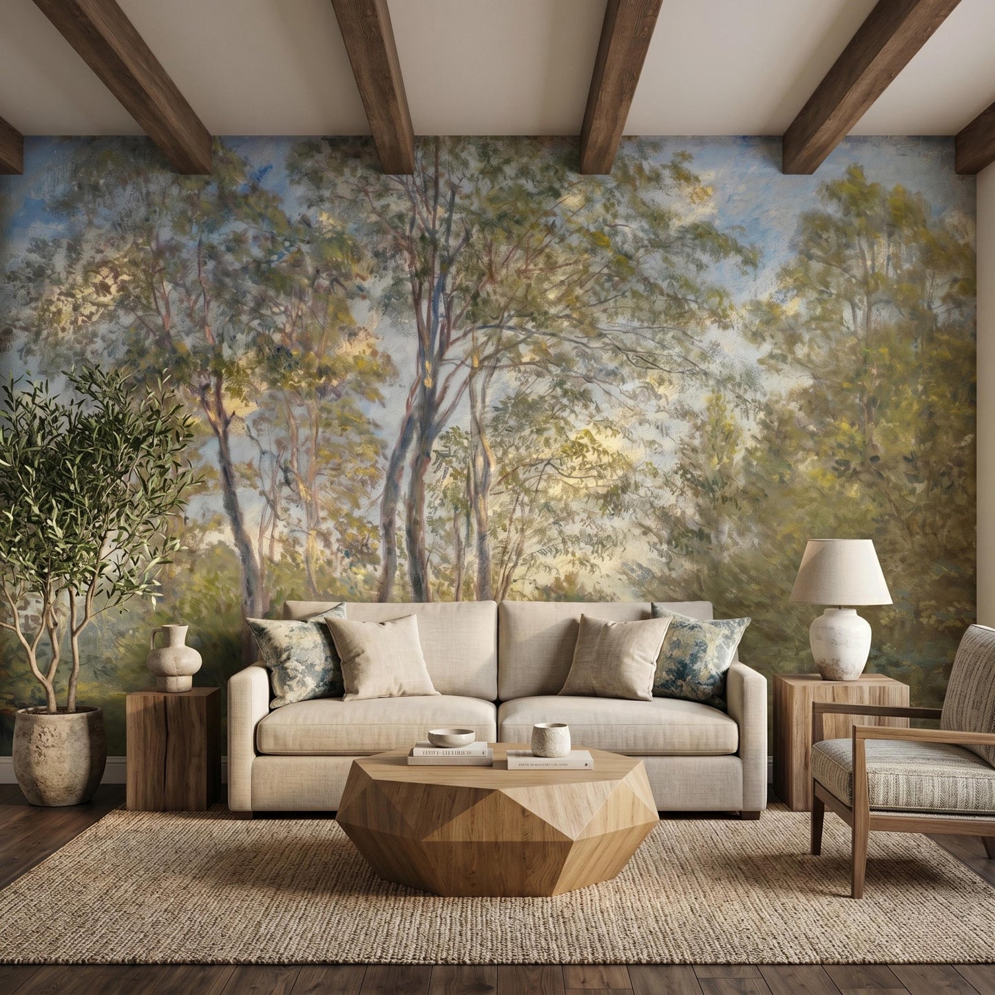 Sage Green Forest Wallpaper Mural, Impressionist Landscape Wall Art, Vintage Nature Decor, Moody Woodland Accent Wall-WP0056