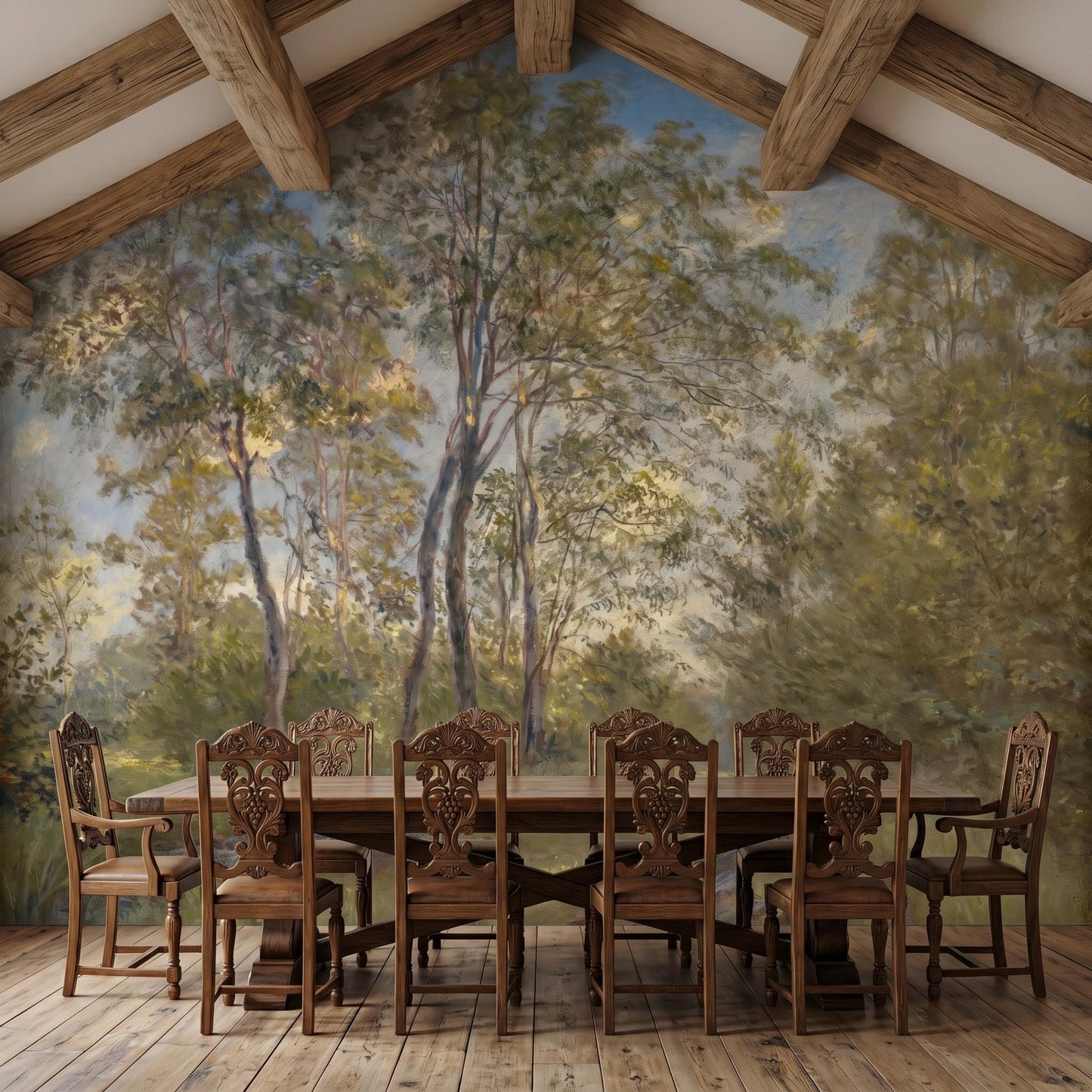 Sage Green Forest Wallpaper Mural, Impressionist Landscape Wall Art, Vintage Nature Decor, Moody Woodland Accent Wall-WP0056