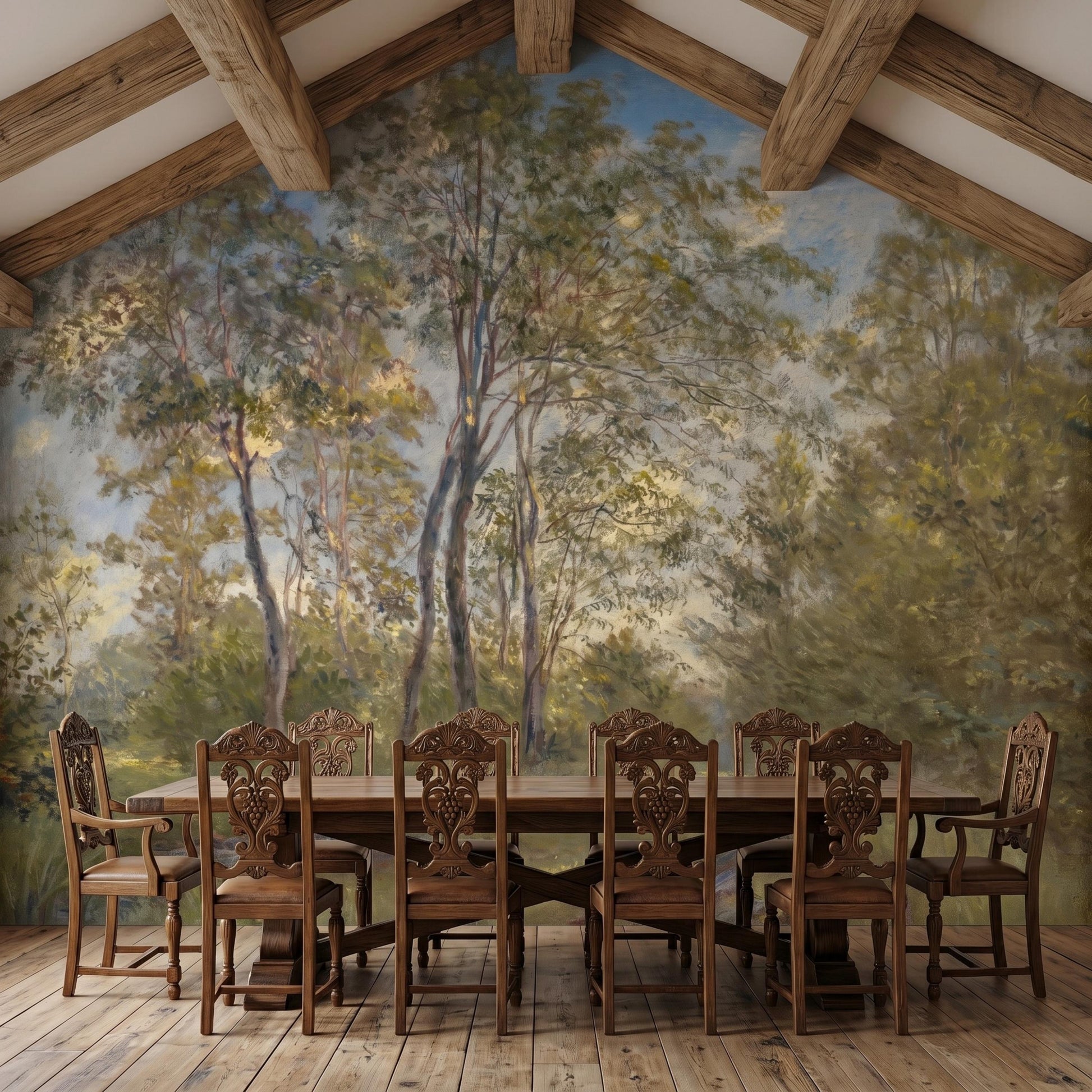 Sage Green Forest Wallpaper Mural, Impressionist Landscape Wall Art, Vintage Nature Decor, Moody Woodland Accent Wall-WP0056