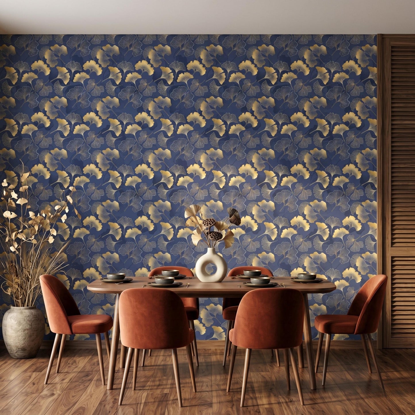 Navy Blue and Gold Art Deco Ginkgo Leaf Wallpaper, Japanese Oriental Wall Decor, Modern Peel and Stick Mural, Luxury Bedroom Accent-WP0081
