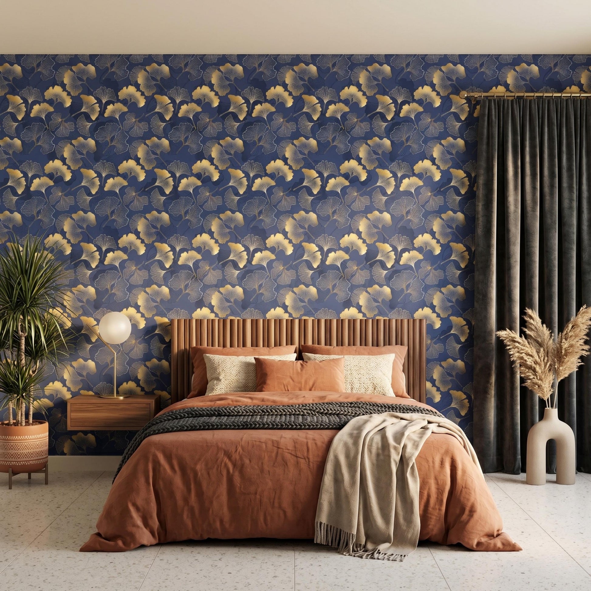 Navy Blue and Gold Art Deco Ginkgo Leaf Wallpaper, Japanese Oriental Wall Decor, Modern Peel and Stick Mural, Luxury Bedroom Accent-WP0081