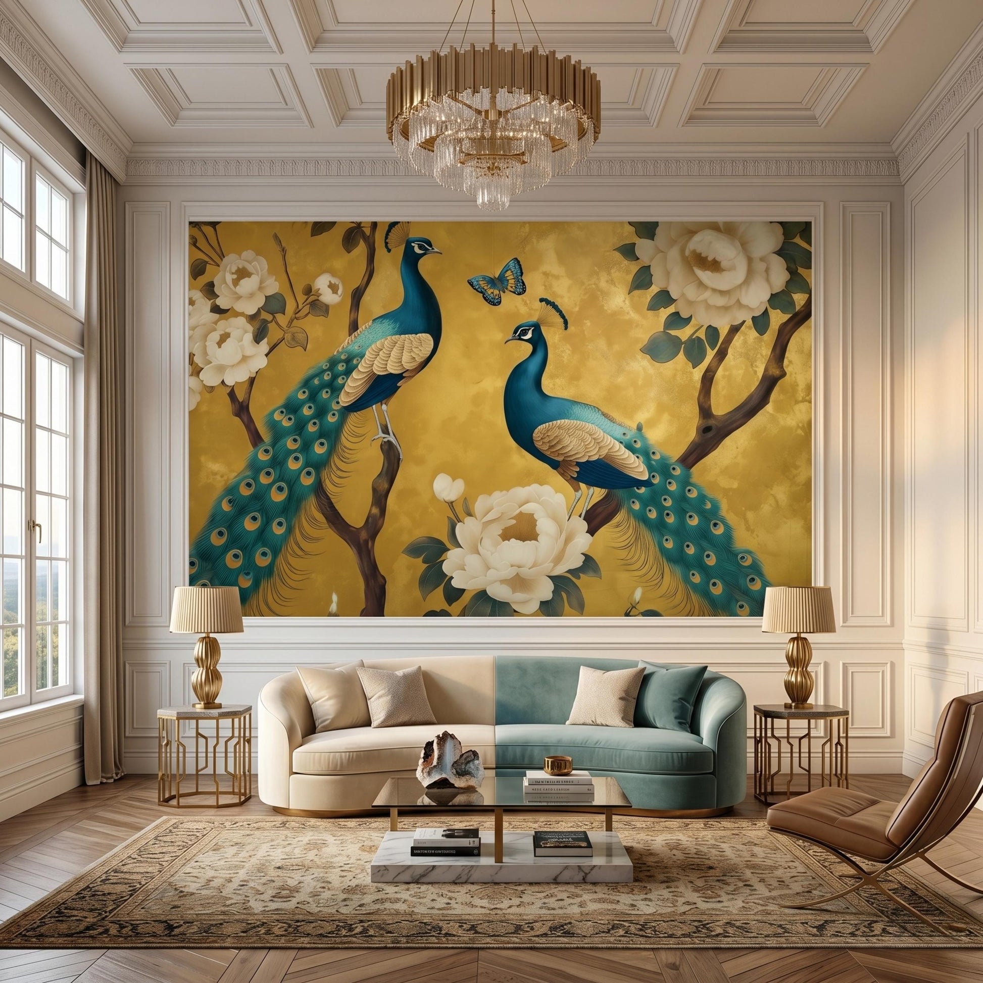 Gold Chinoiserie Peacock Floral Wallpaper Mural, Elegant Maximalist Boho Wall Art-WP0083