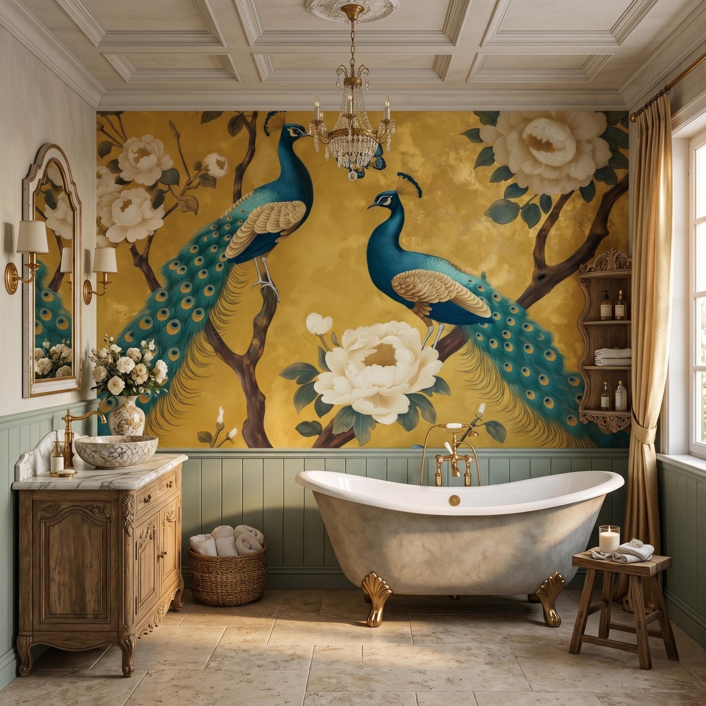 Gold Chinoiserie Peacock Floral Wallpaper Mural, Elegant Maximalist Boho Wall Art-WP0083