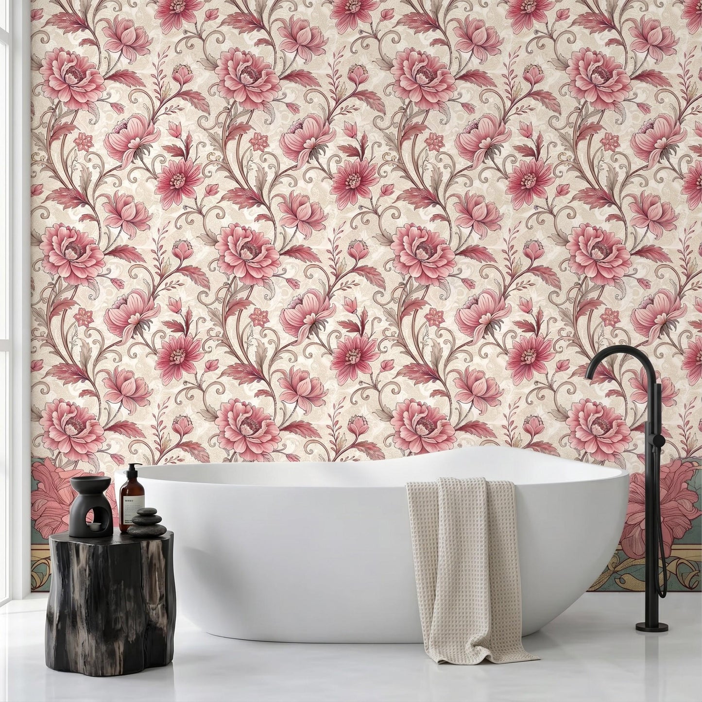 Dusty Rose Vintage Victorian Floral Wallpaper, Chinoiserie Wall Decor, Shabby Chic Removable Wall Mural, Romantic Cottagecore Mural-WP0057