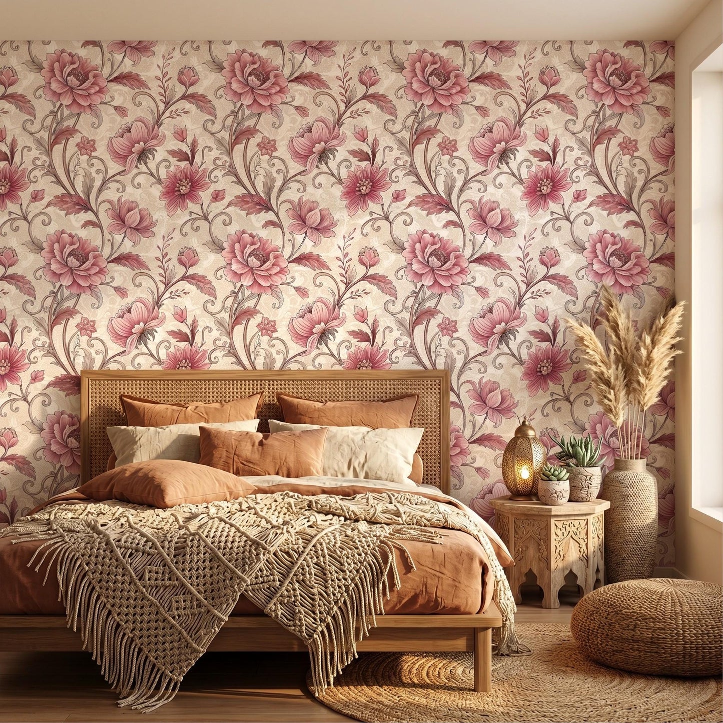 Dusty Rose Vintage Victorian Floral Wallpaper, Chinoiserie Wall Decor, Shabby Chic Removable Wall Mural, Romantic Cottagecore Mural-WP0057