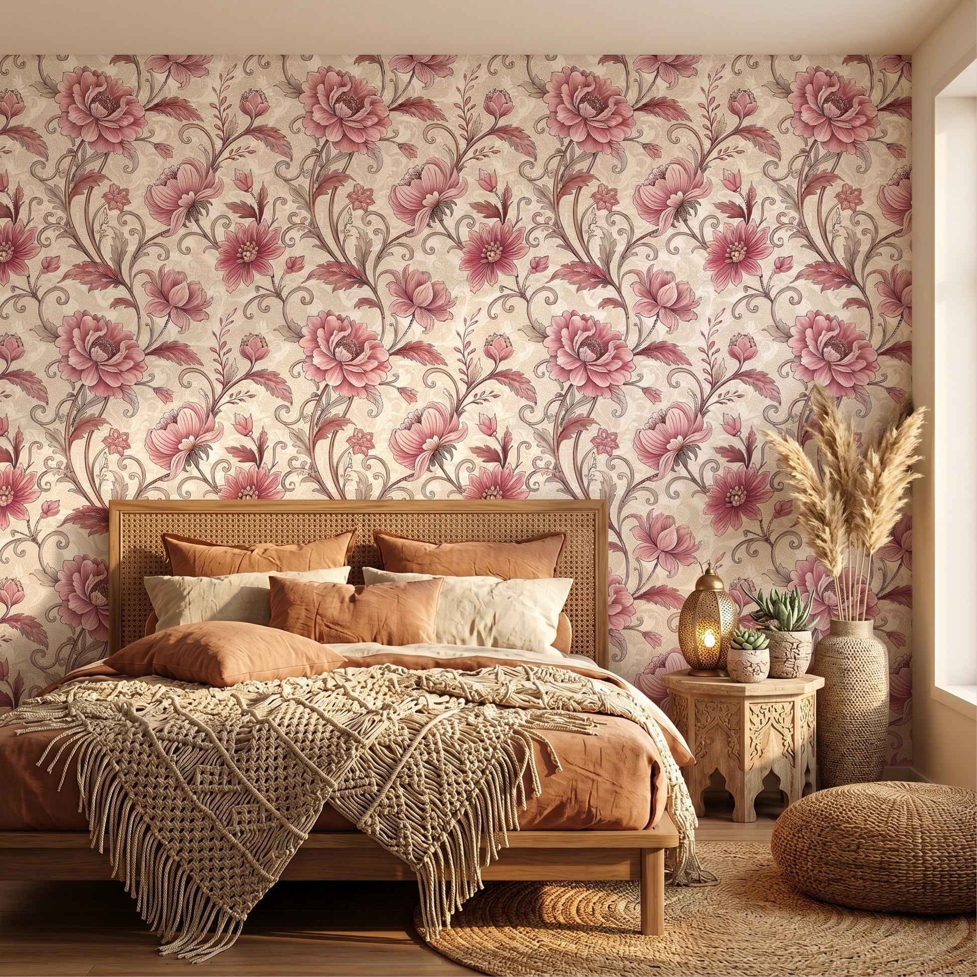 Dusty Rose Vintage Victorian Floral Wallpaper, Chinoiserie Wall Decor, Shabby Chic Removable Wall Mural, Romantic Cottagecore Mural-WP0057