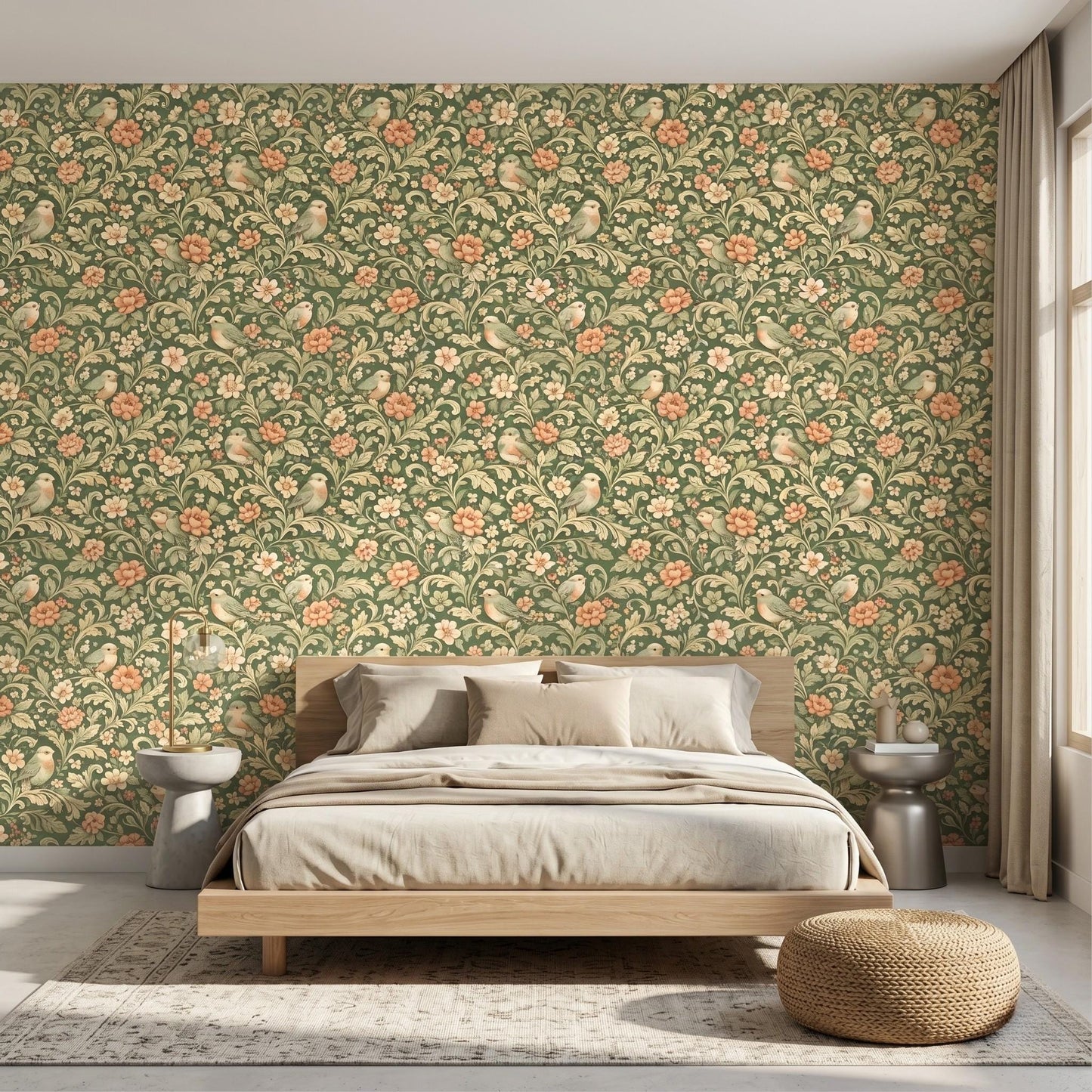 William Morris Inspired Sage Green Floral Bird Wallpaper, Vintage Botanical Wall Mural-WP0058