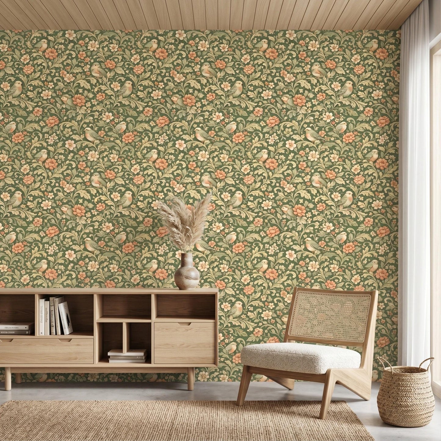 William Morris Inspired Sage Green Floral Bird Wallpaper, Vintage Botanical Wall Mural-WP0058
