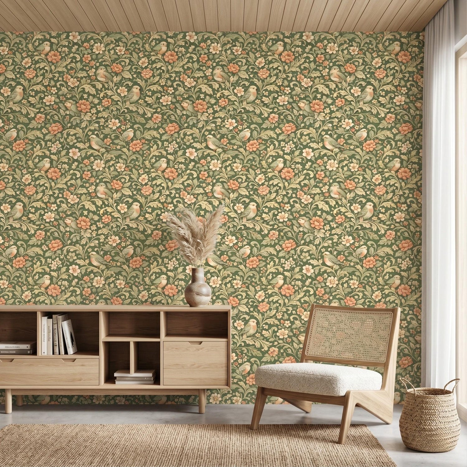 William Morris Inspired Sage Green Floral Bird Wallpaper, Vintage Botanical Wall Mural-WP0058