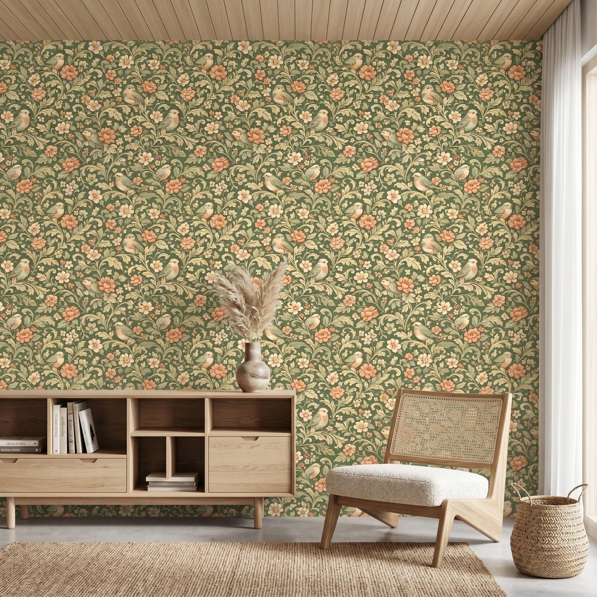 William Morris Inspired Sage Green Floral Bird Wallpaper, Vintage Botanical Wall Mural-WP0058
