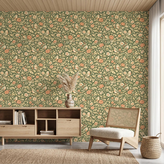 William Morris Inspired Sage Green Floral Bird Wallpaper, Vintage Botanical Wall Mural-WP0058