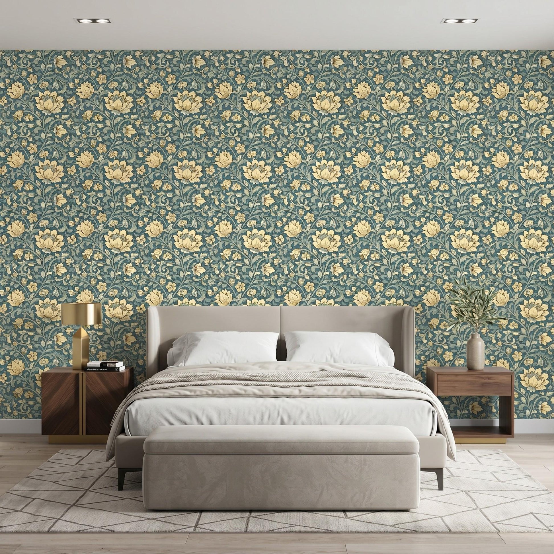 William Morris Style Teal Gold Floral Wallpaper, Vintage Botanical Peel Stick-WP0059