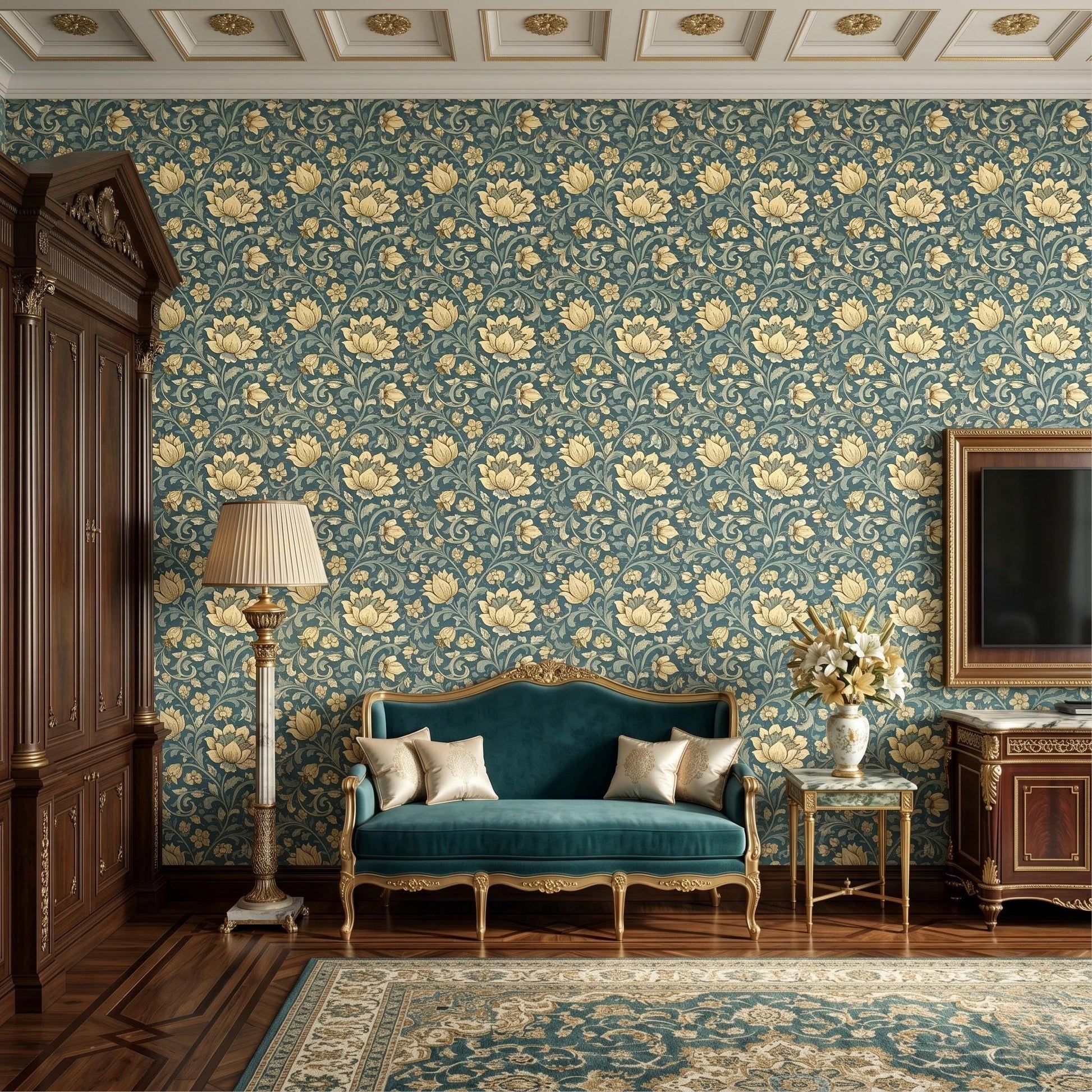 William Morris Style Teal Gold Floral Wallpaper, Vintage Botanical Peel Stick-WP0059