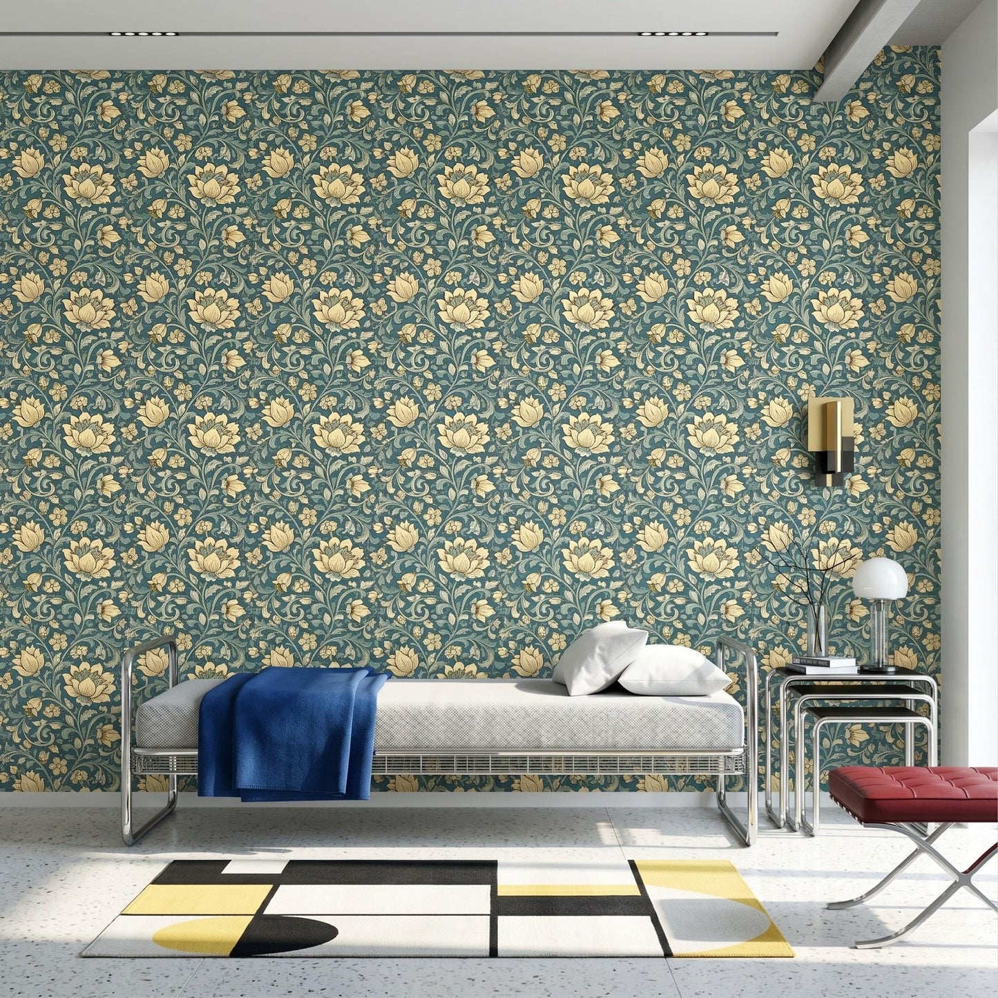 William Morris Style Teal Gold Floral Wallpaper, Vintage Botanical Peel Stick-WP0059