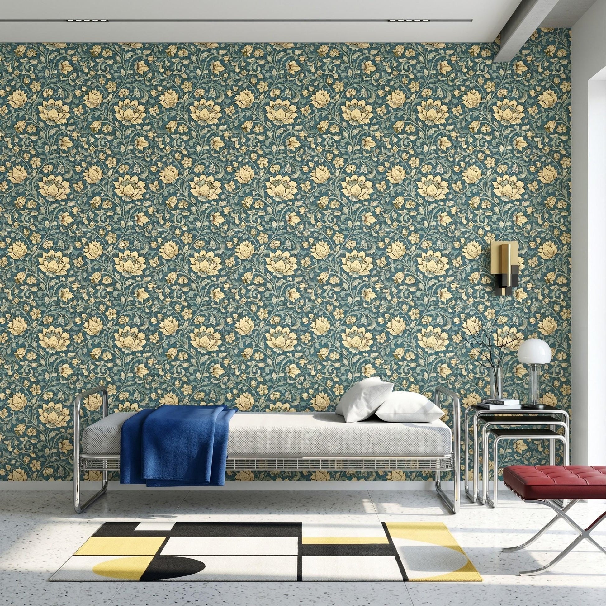 William Morris Style Teal Gold Floral Wallpaper, Vintage Botanical Peel Stick-WP0059