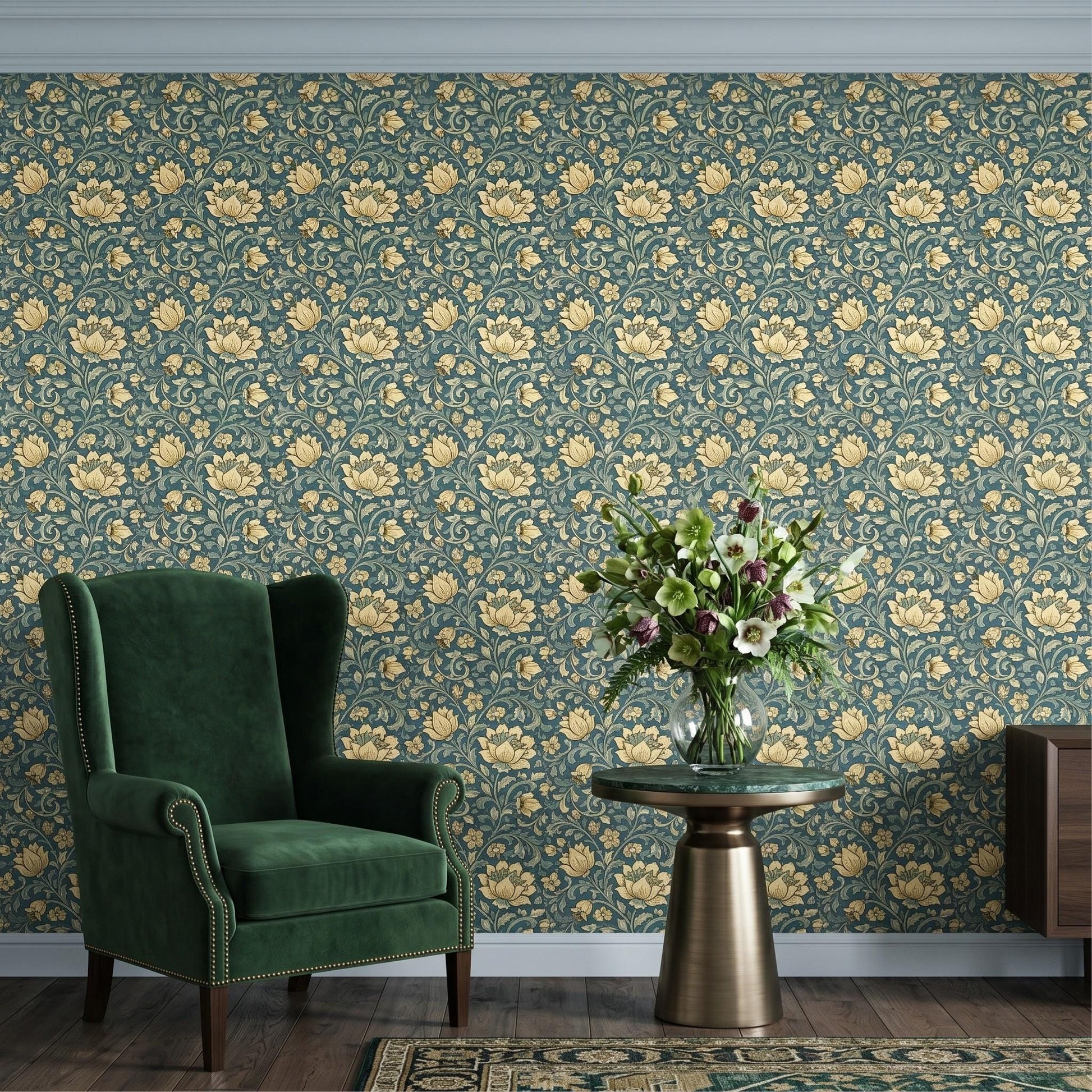 William Morris Style Teal Gold Floral Wallpaper, Vintage Botanical Peel Stick-WP0059