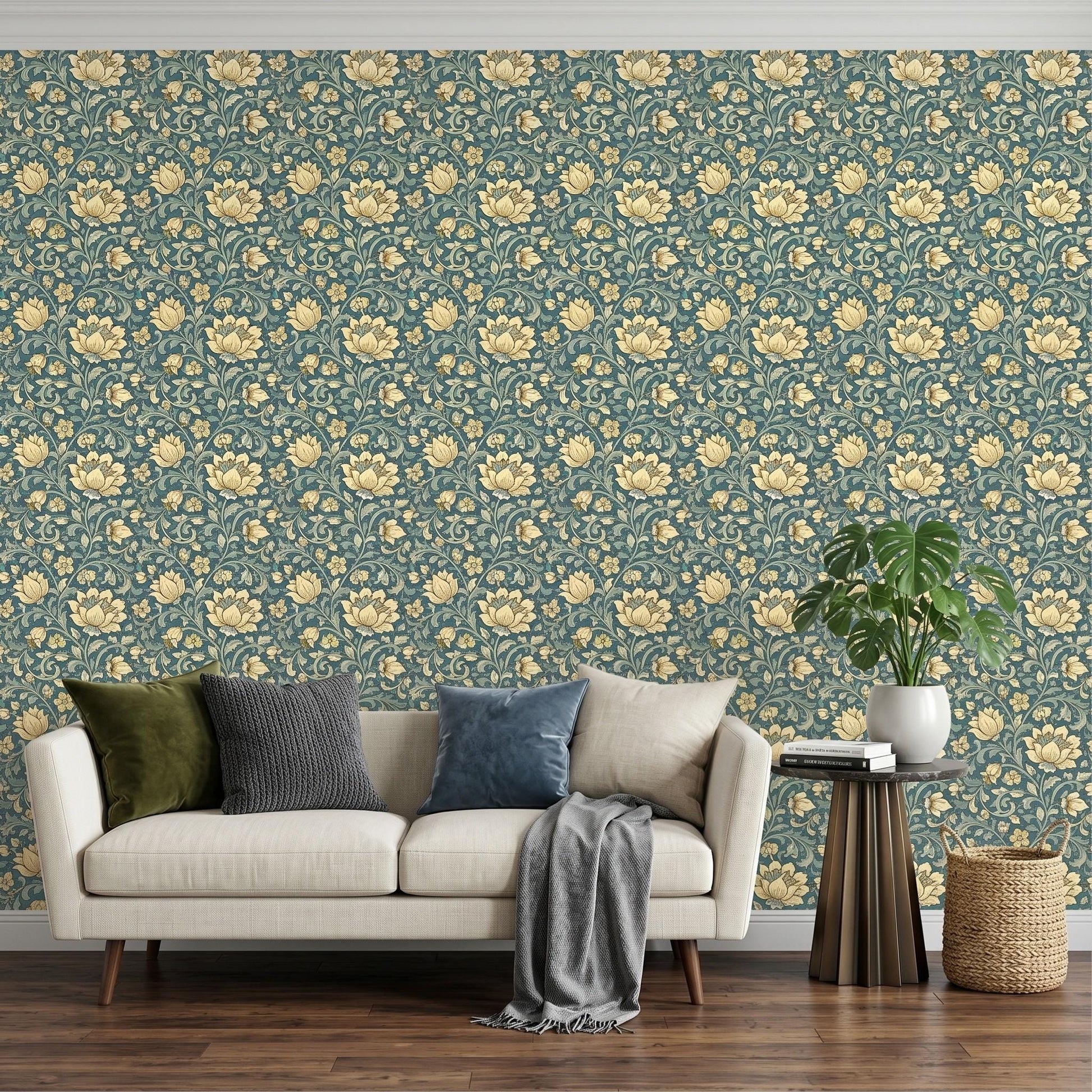 William Morris Style Teal Gold Floral Wallpaper, Vintage Botanical Peel Stick-WP0059
