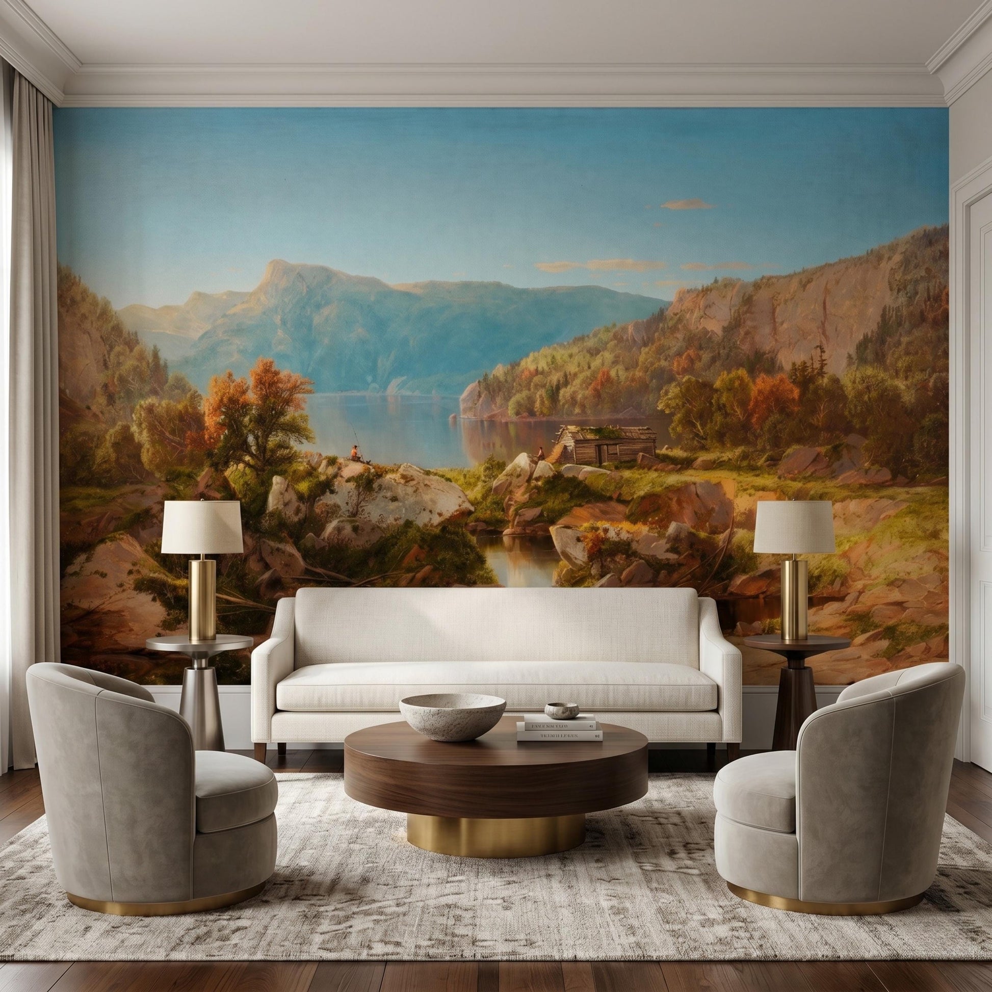 Blue and Gold Hudson River School Landscape Wallpaper Mural, Vintage Nature Wall Art, Rustic Cabin Accent Wall, Fine Art Room Decor-WP0084