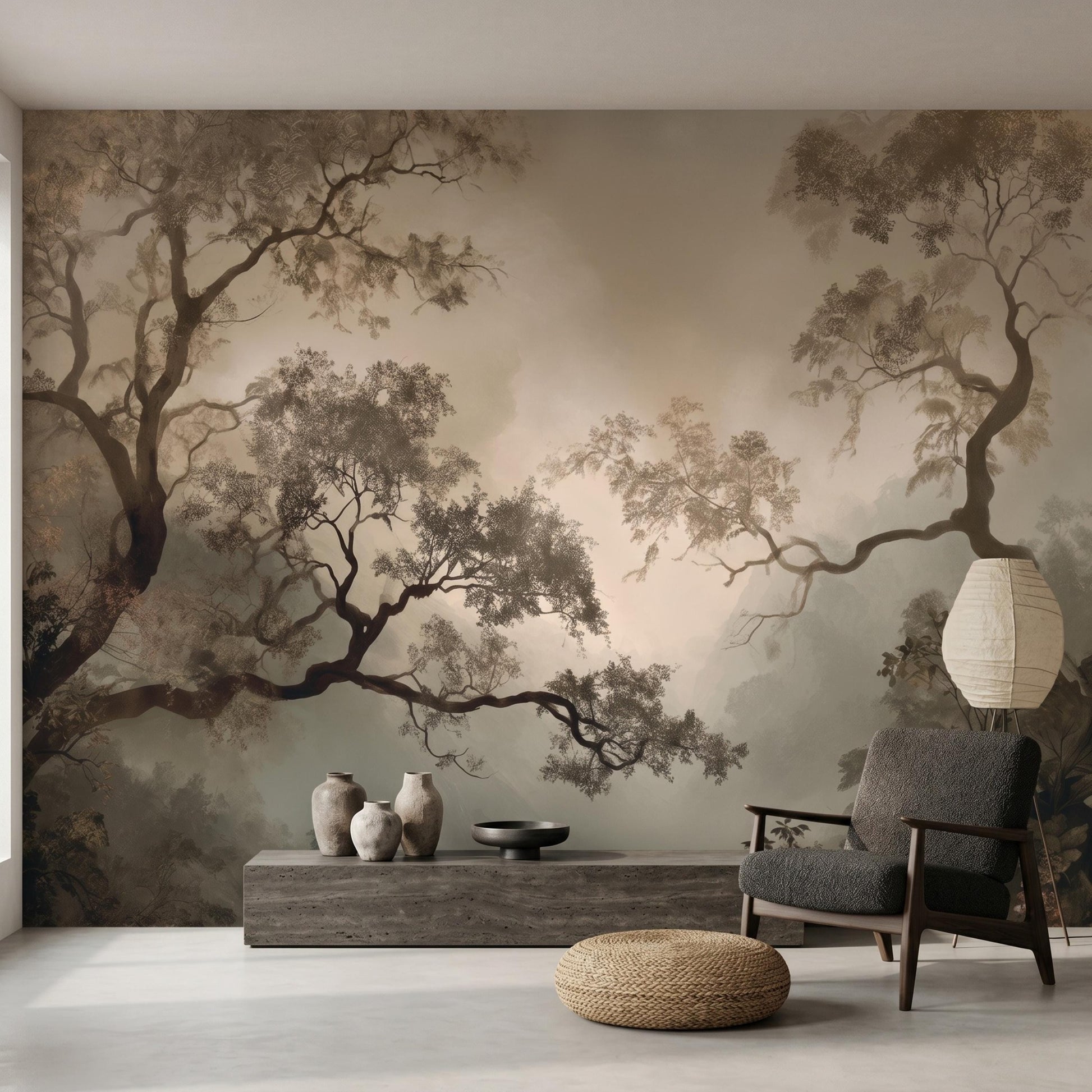 Sepia Vintage Forest Mural Wallpaper, Atmospheric Tree Wall Art, Dark Academia Decor-WP0085
